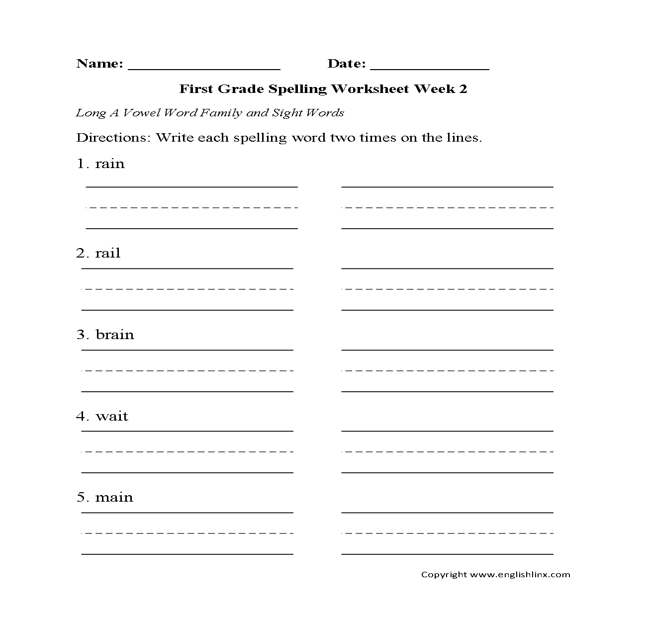 Week 2 Long A Vowel First Grade Spelling Worksheets