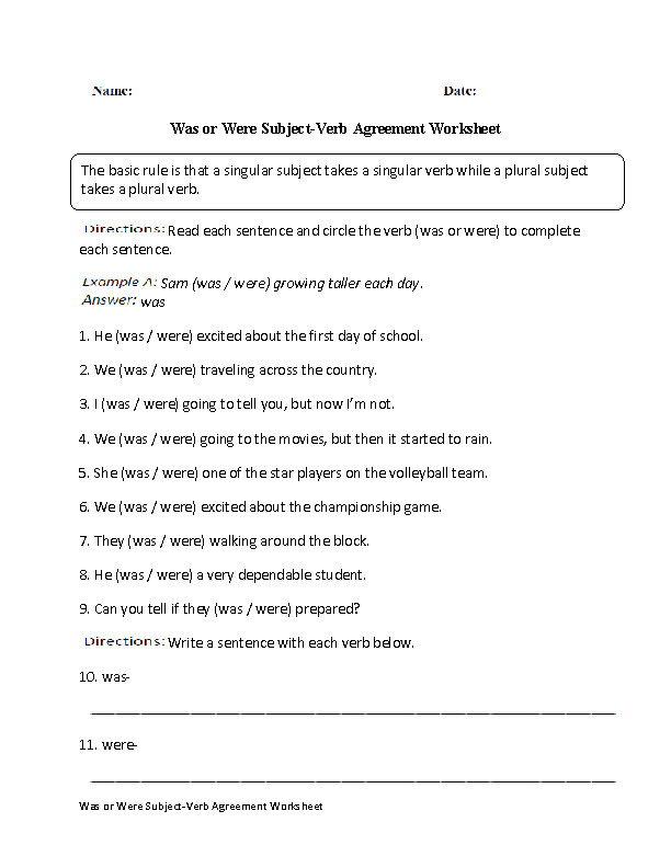 Was and Were Subject Verb Agreement Worksheet