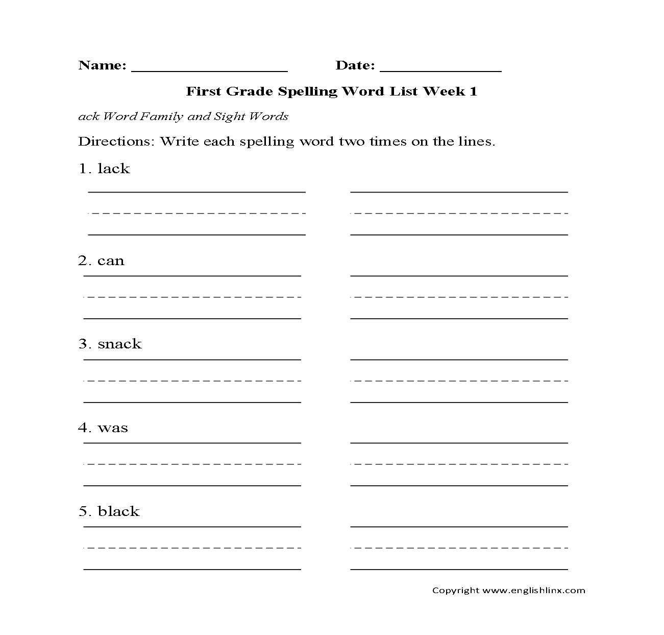 Week 1 ack family First Grade Spelling Words Worksheets