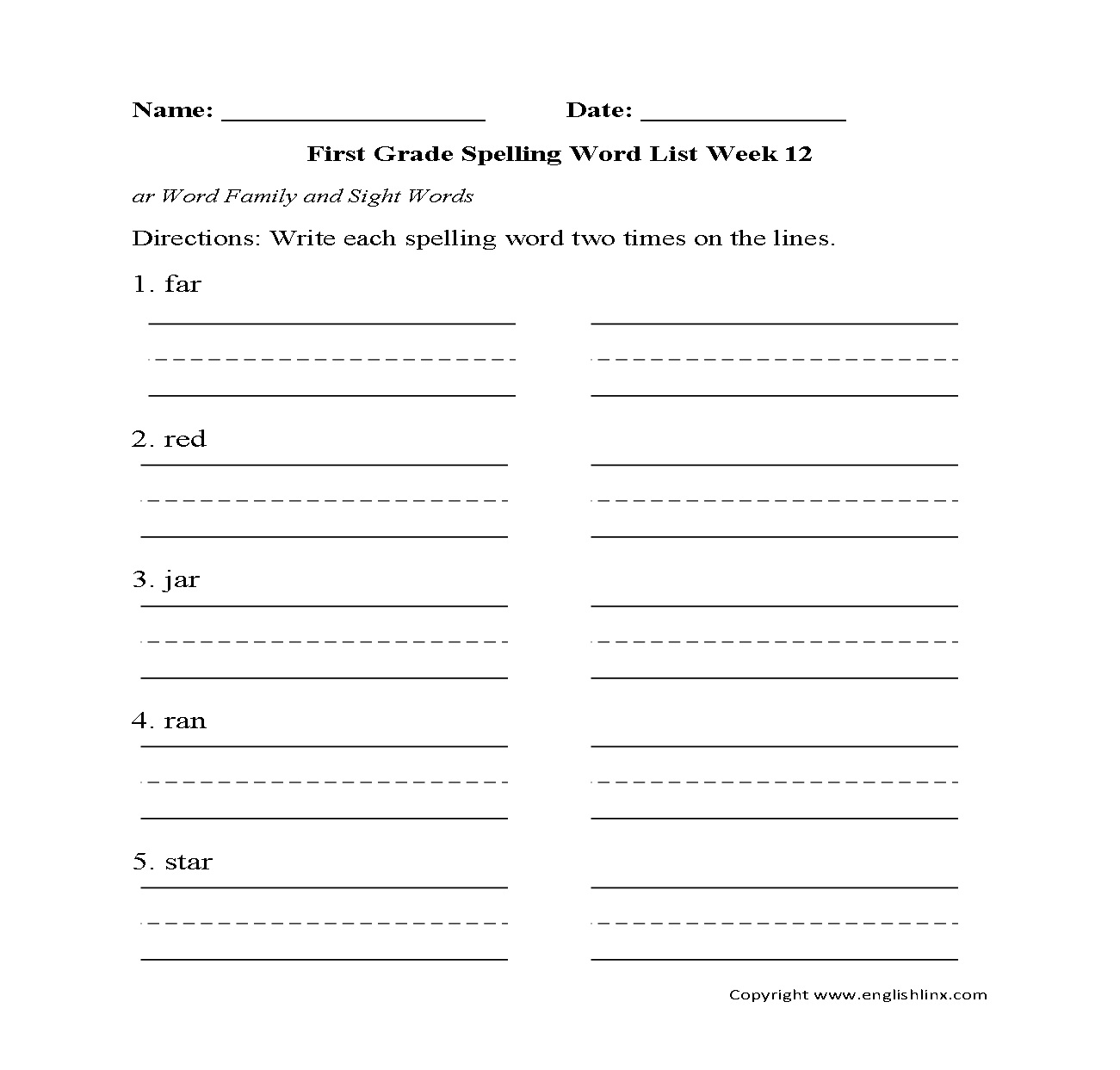 Week 11 ar family First Grade Spelling Words Worksheets