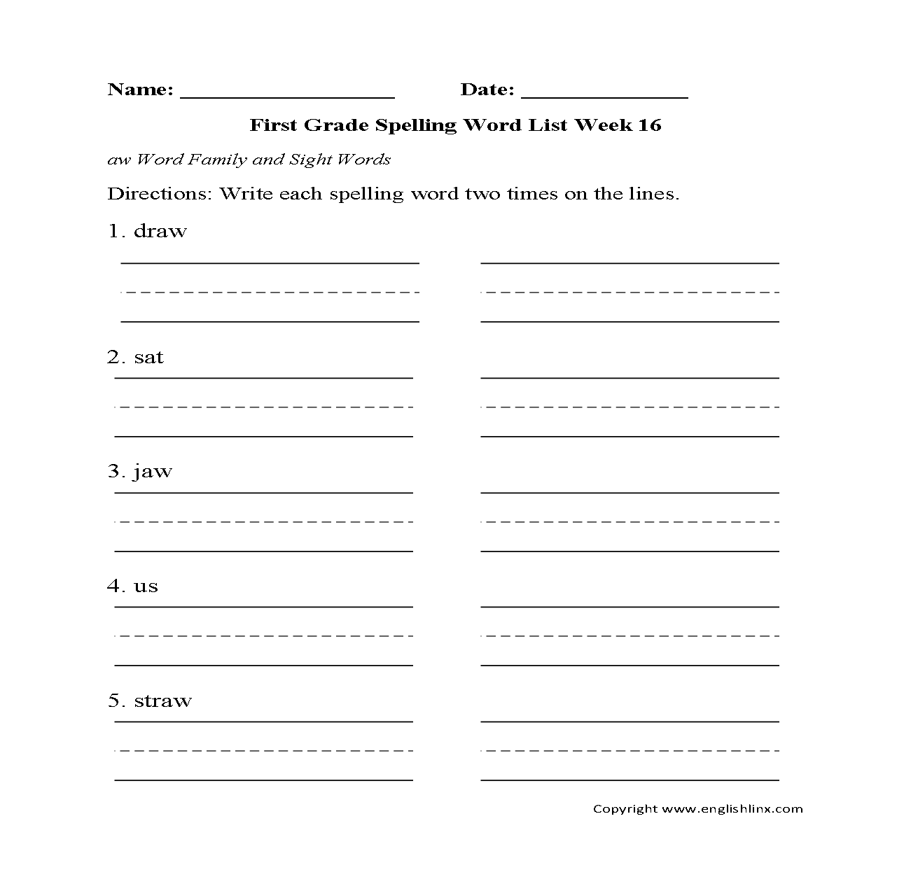 Week 16 aw family First Grade Spelling Words Worksheets