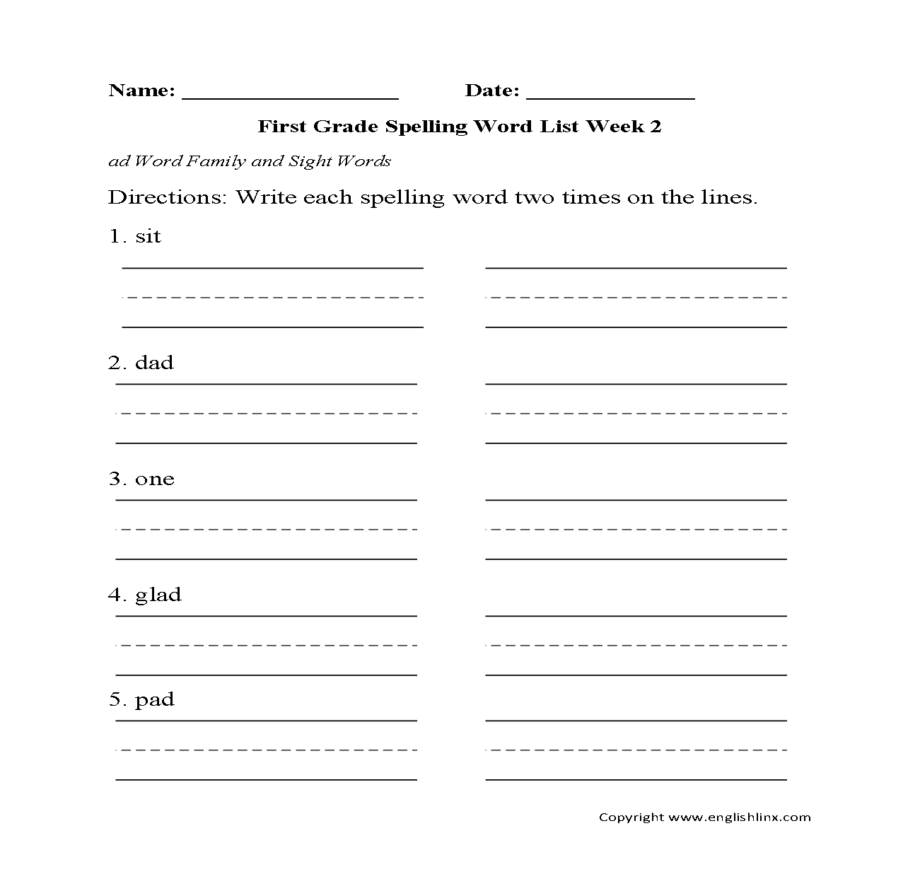 Week 2 ad family First Grade Spelling Words Worksheets