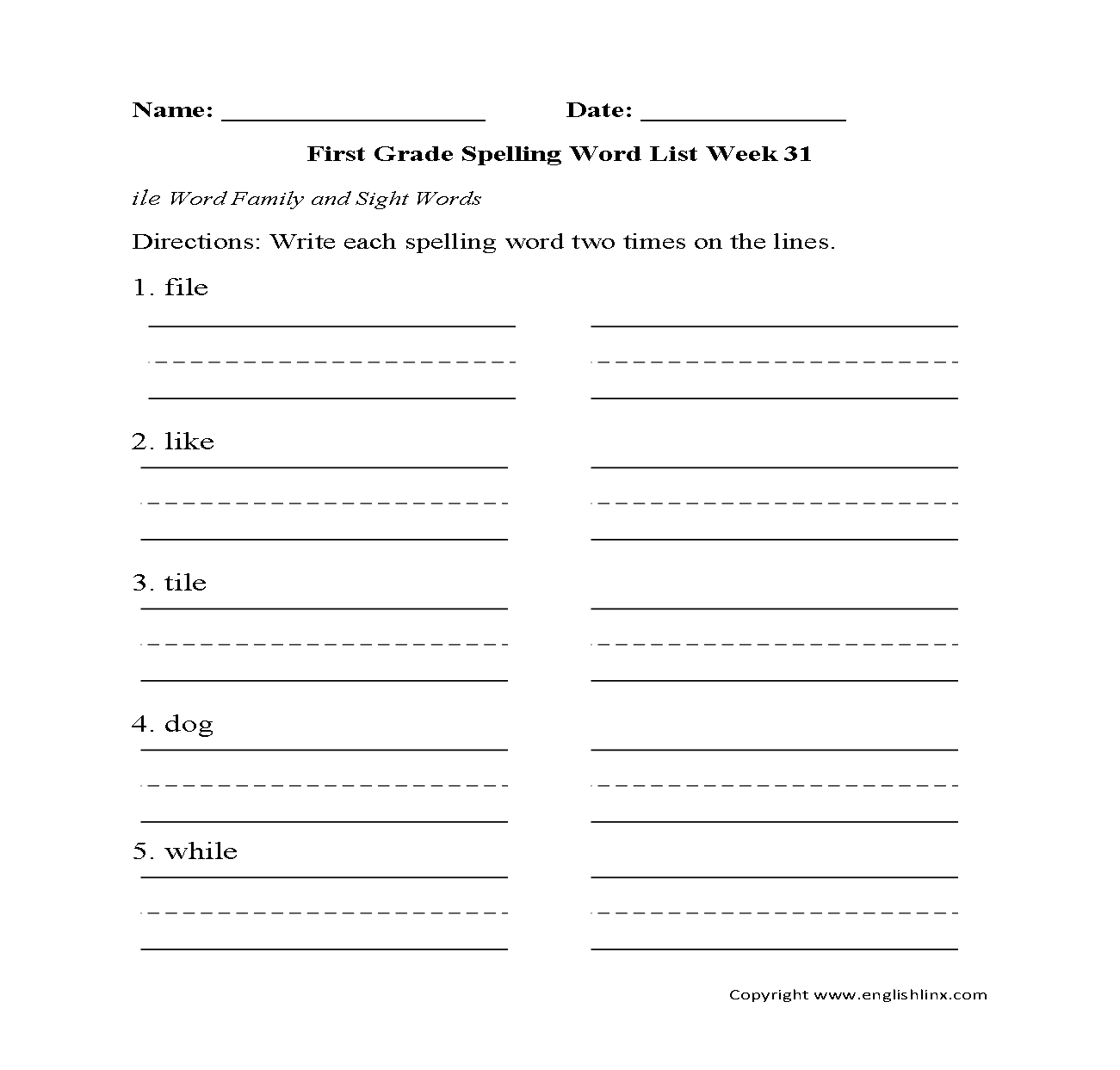 Week 31 ile family First Grade Spelling Words Worksheet