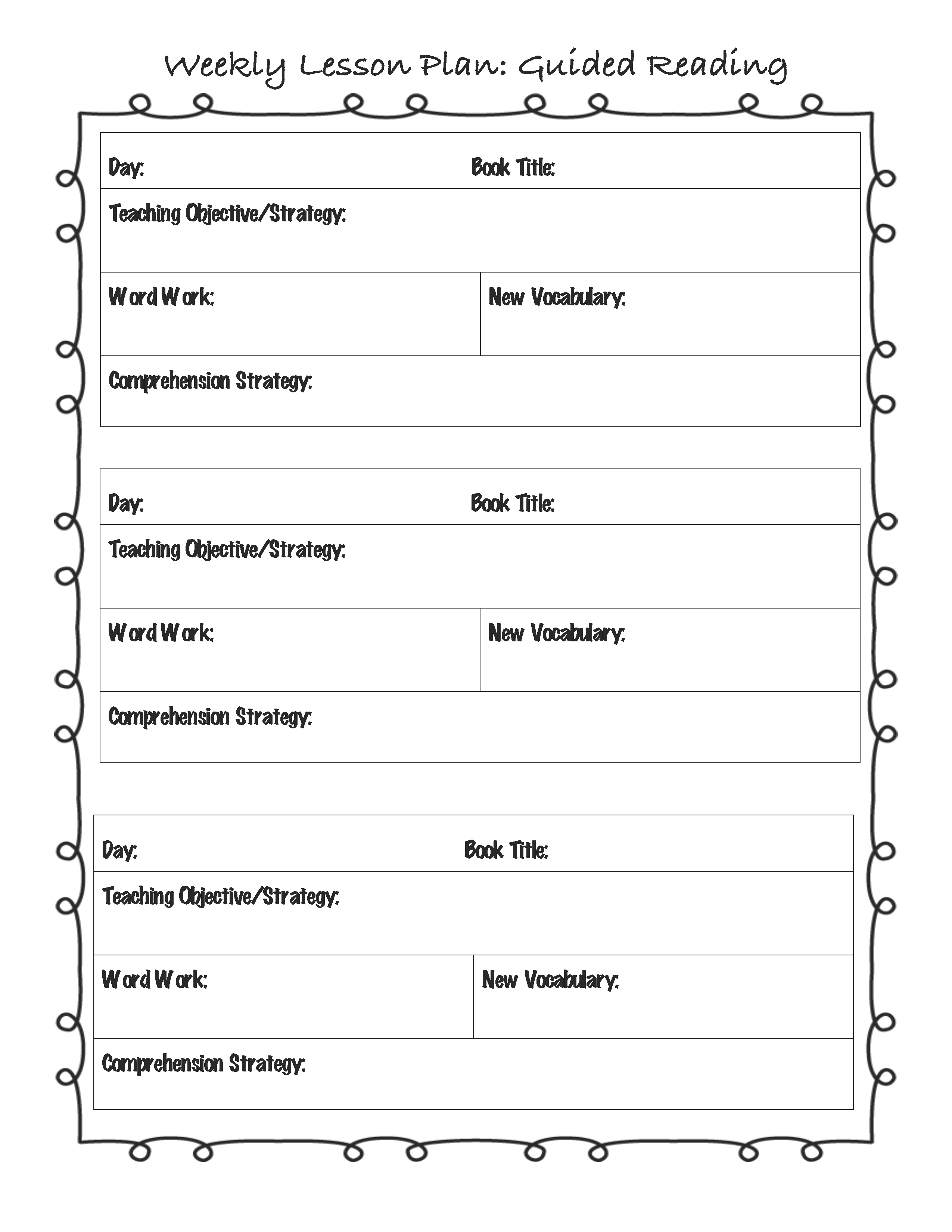 Lesson Plan Template Weekly Guided Reading Lesson Plan Template