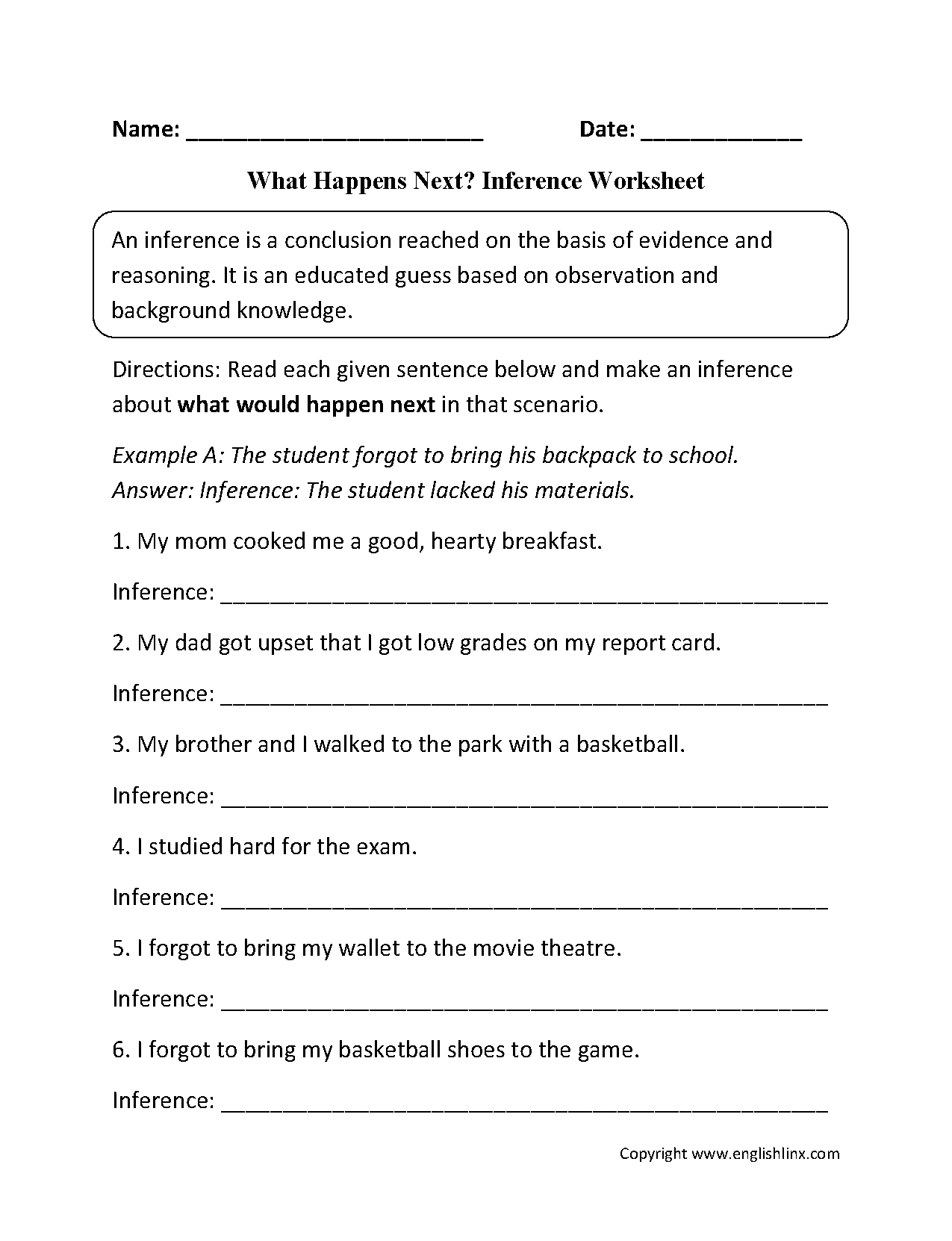 Reading Worksheets Inference Worksheets