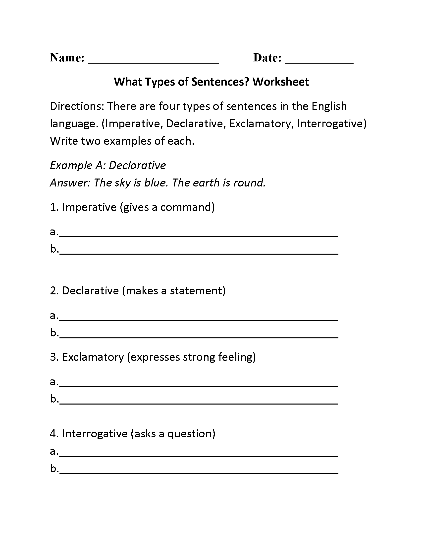 4 Types Of Sentences Worksheet