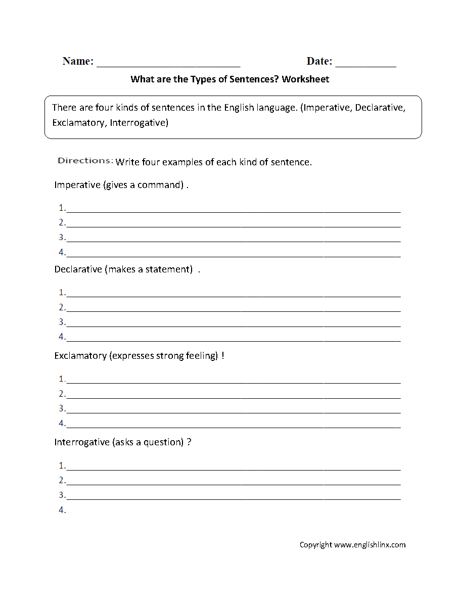 Different Types Of Sentences Worksheets