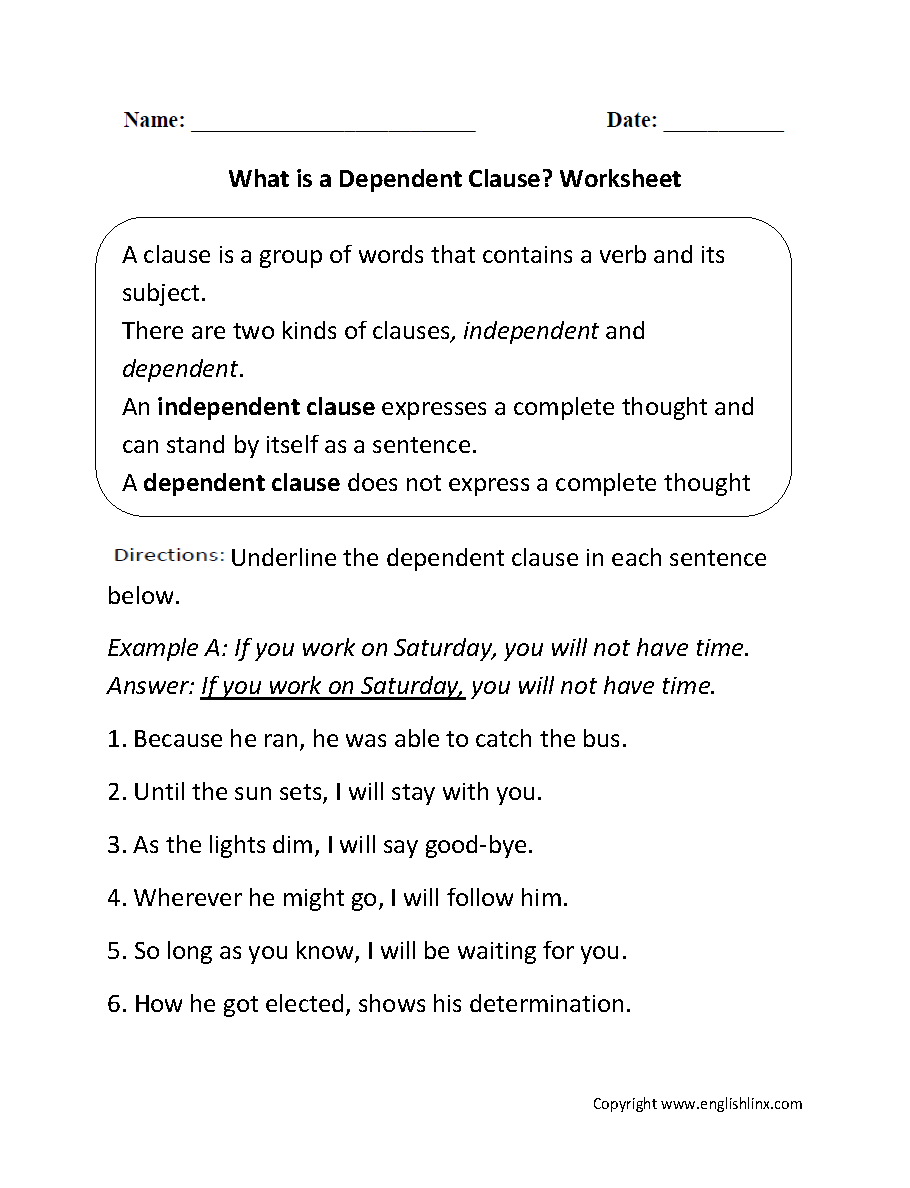 Dependent And Independent Clause Worksheet With Answers