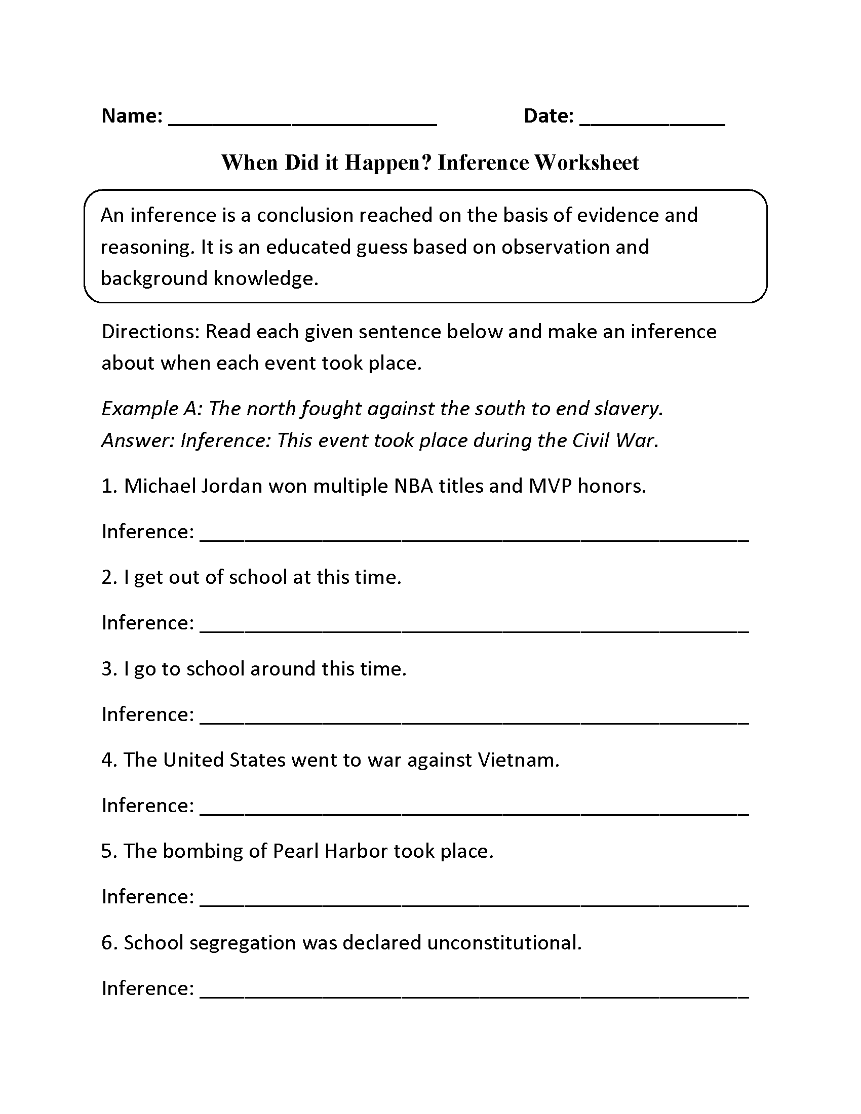 When Did it Happen? Inference Worksheets