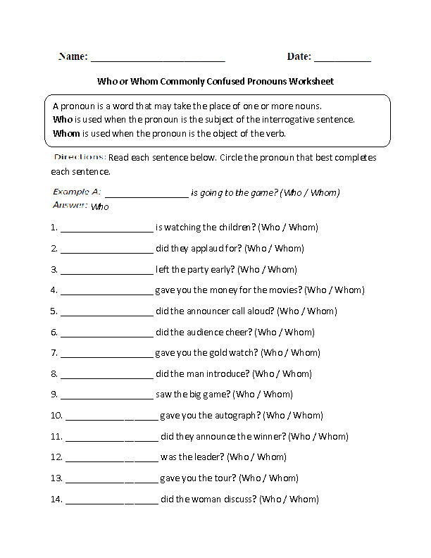 Pronouns Who And Whom Worksheet