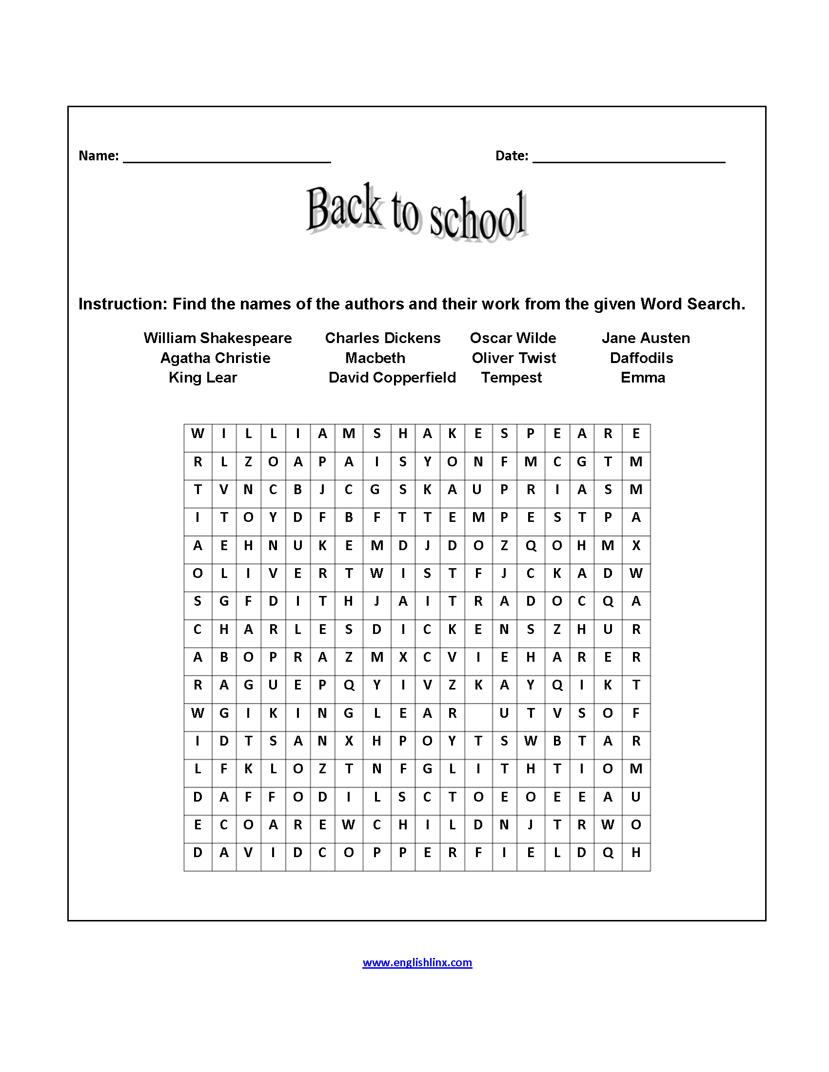 Back to School Worksheets | Word Search Back to School Worksheets