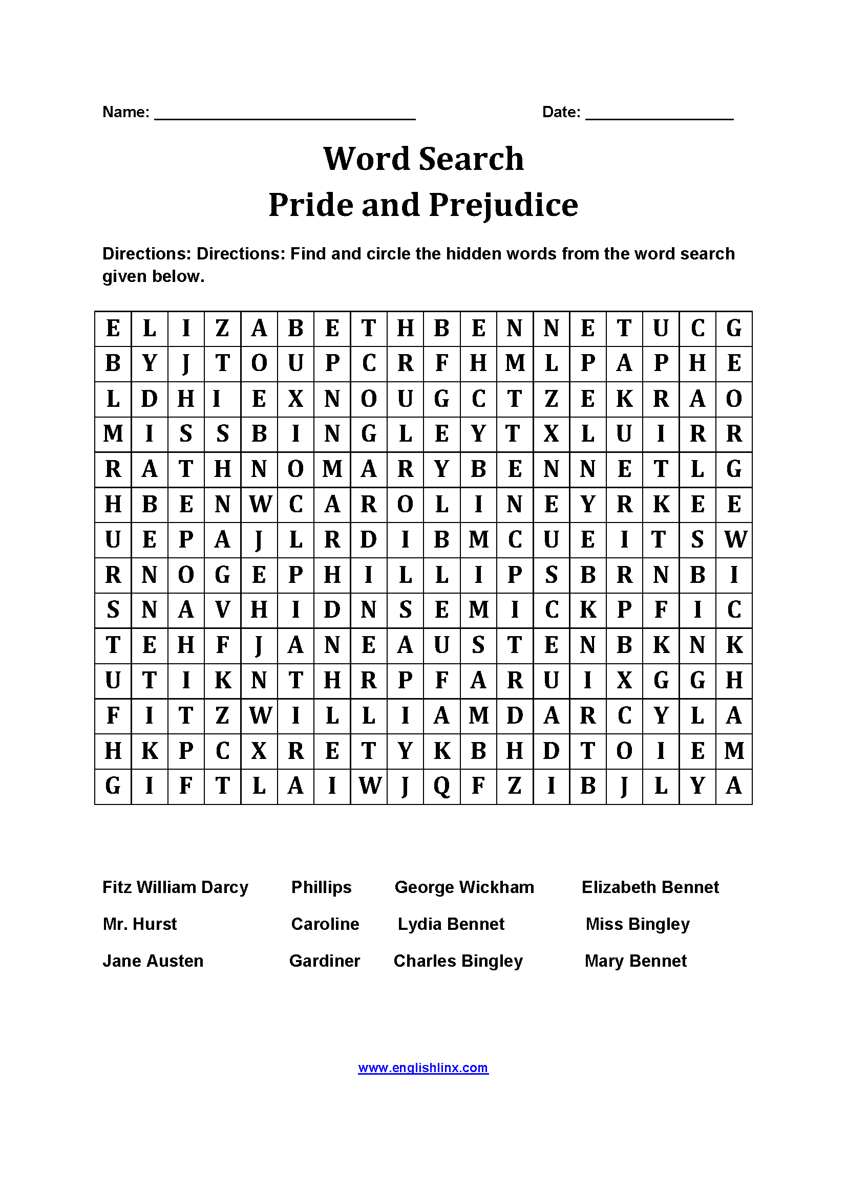 Pride and Prejudice Word Search Worksheets