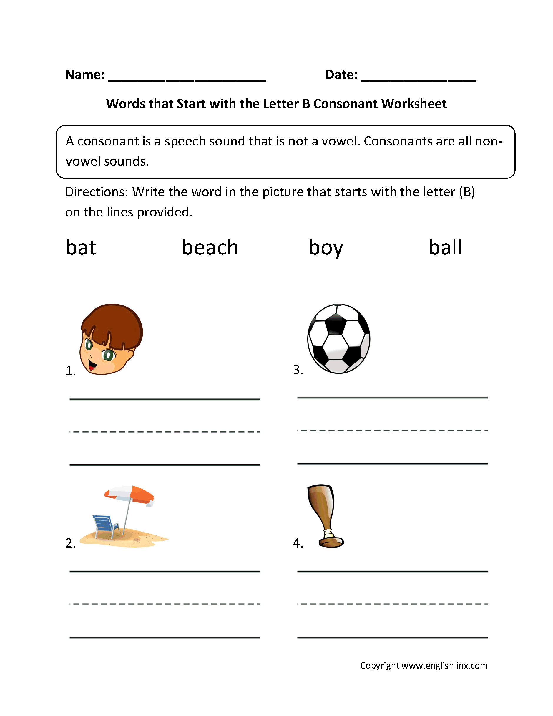 Words Start Letter B Consonant Worksheets