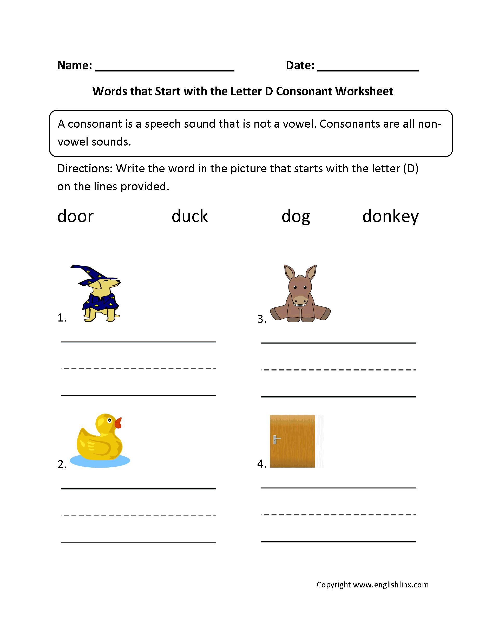 Words Start Letter D Consonant Worksheets