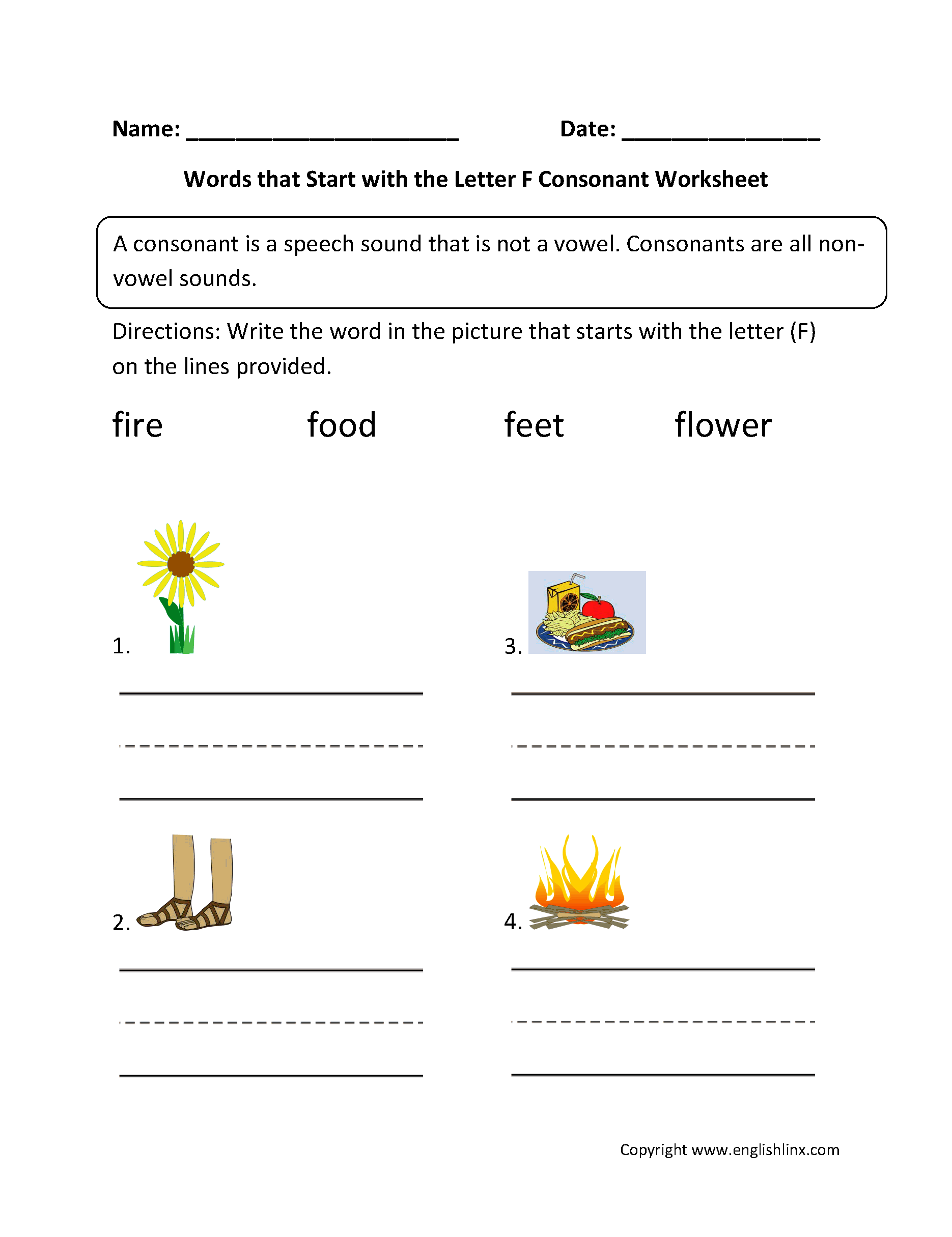 Words Start Letter F Consonant Worksheets
