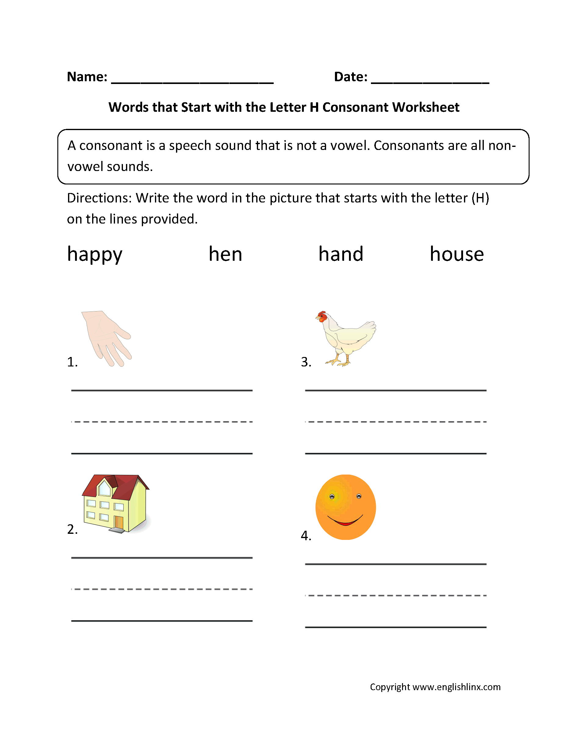 Words Start Letter H Consonant Worksheets