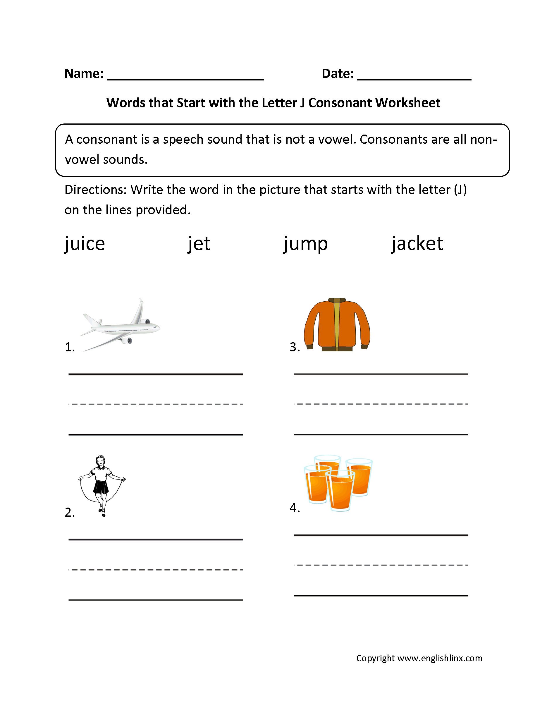 Words Start Letter J Consonant Worksheets