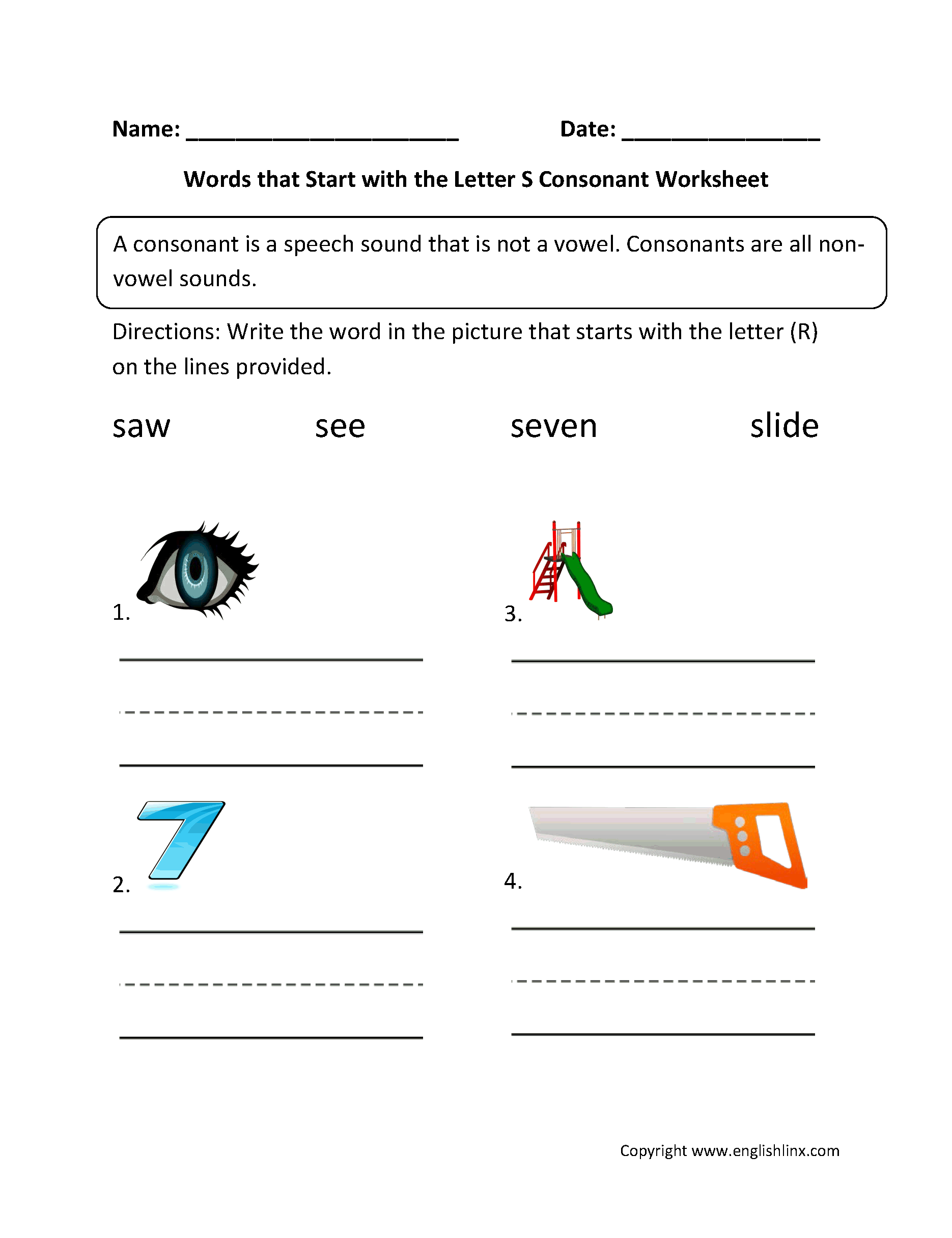Words Start Letter S Consonant Worksheets