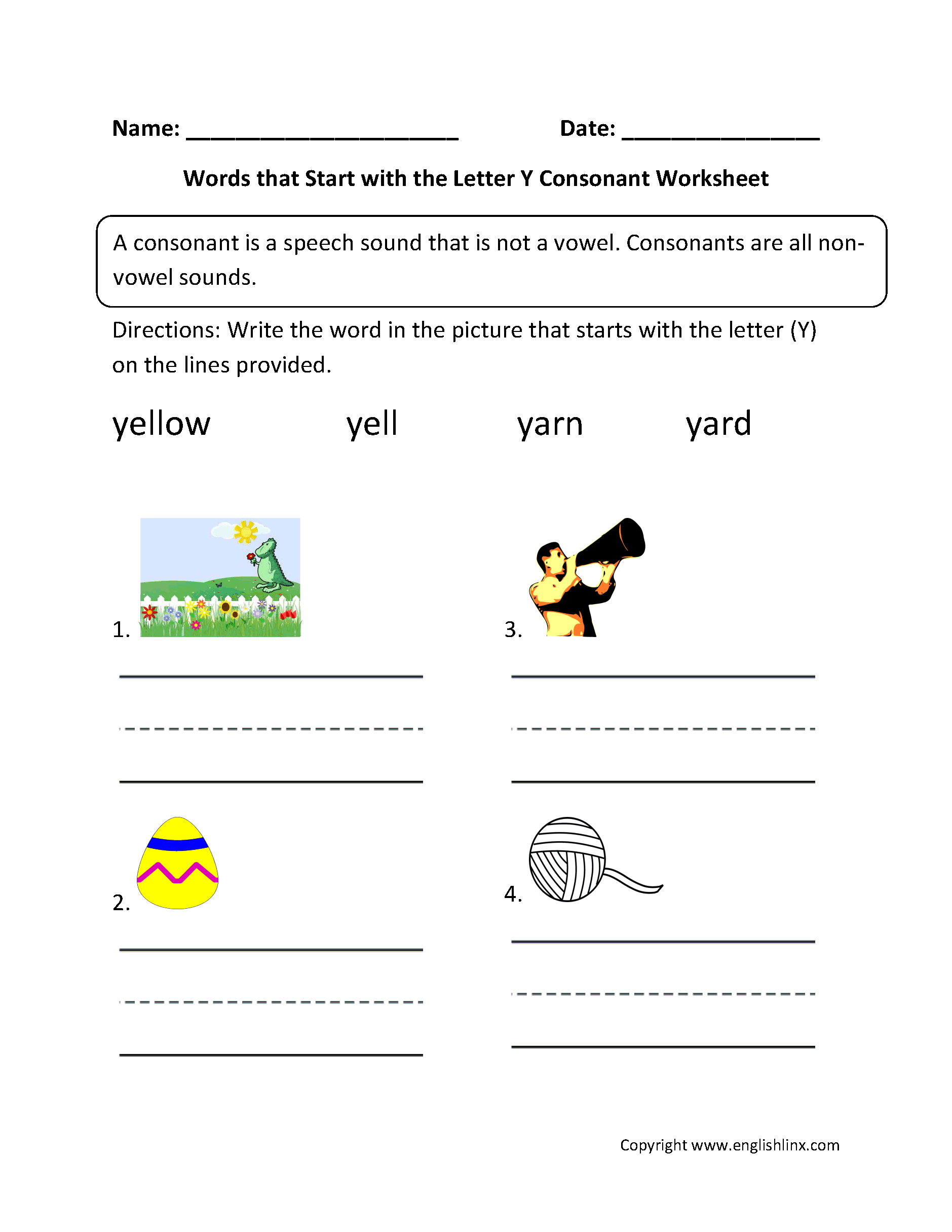 Words Start Letter Y Consonant Worksheets