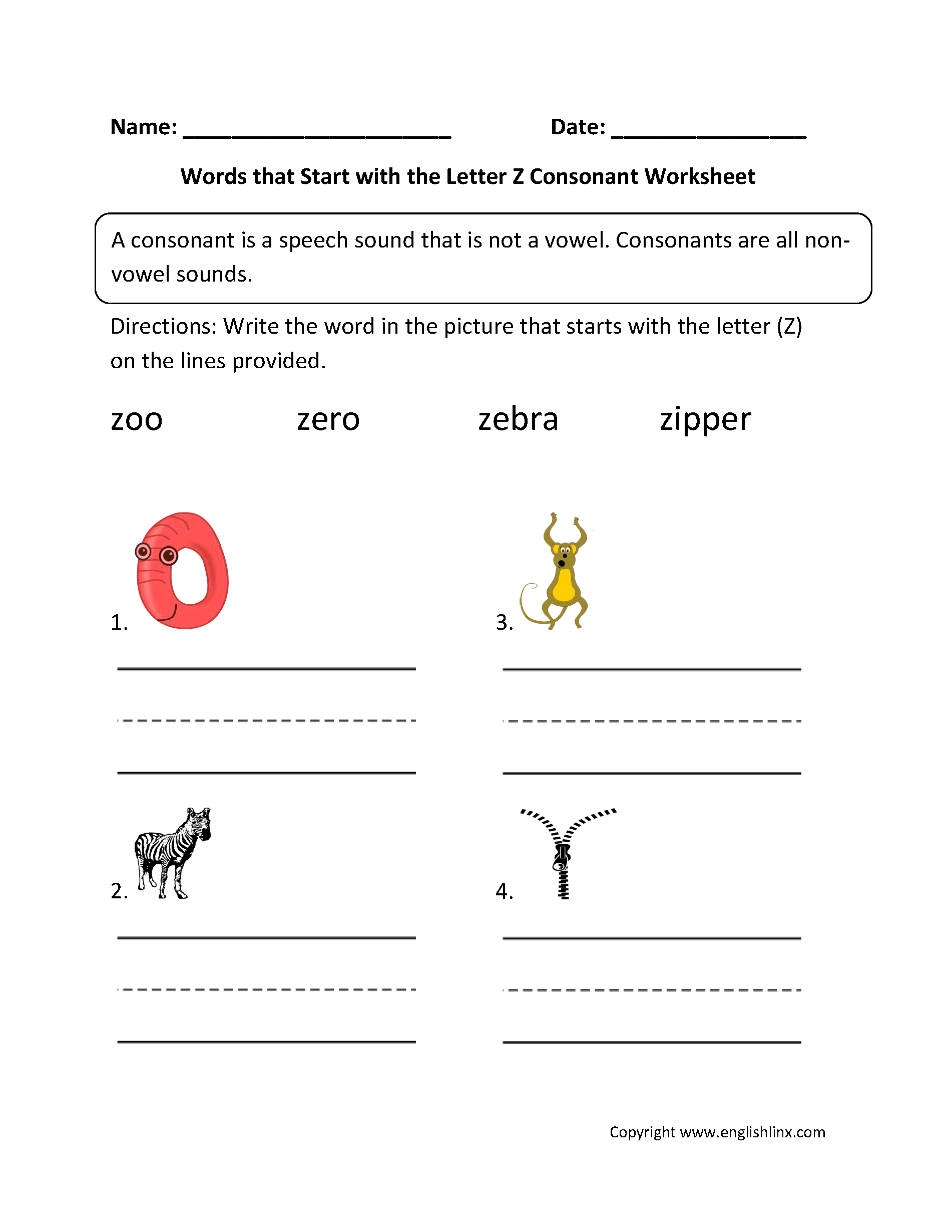 Words Start Letter Z Consonant Worksheets