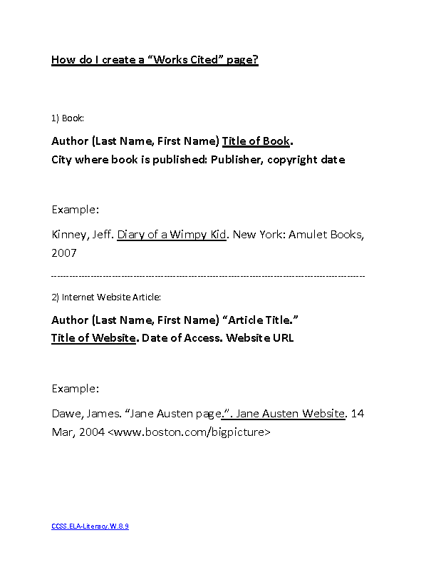 Works Cited Instuction Page CCSS.ELA Literacy.W.8.9