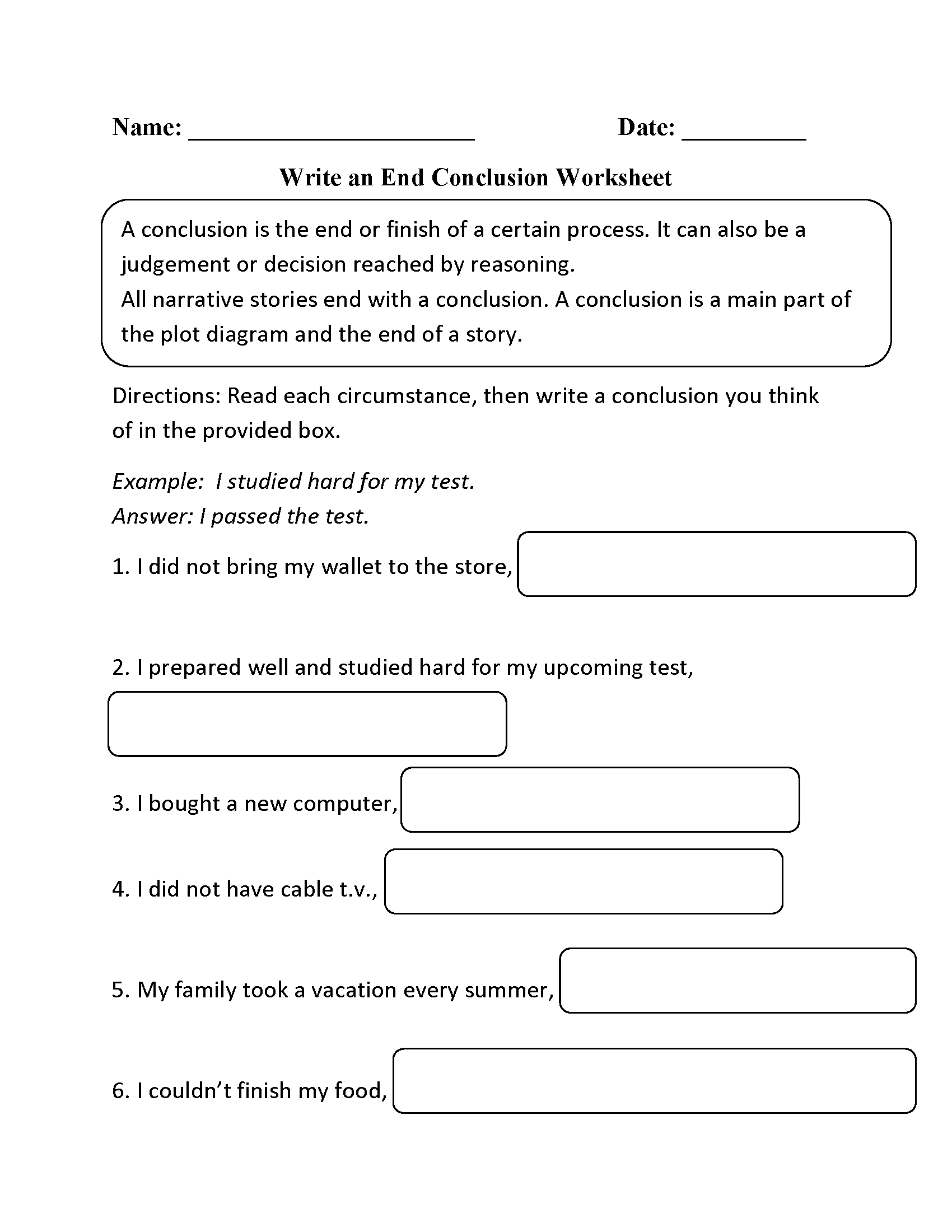 Write an End Conclusion Worksheet