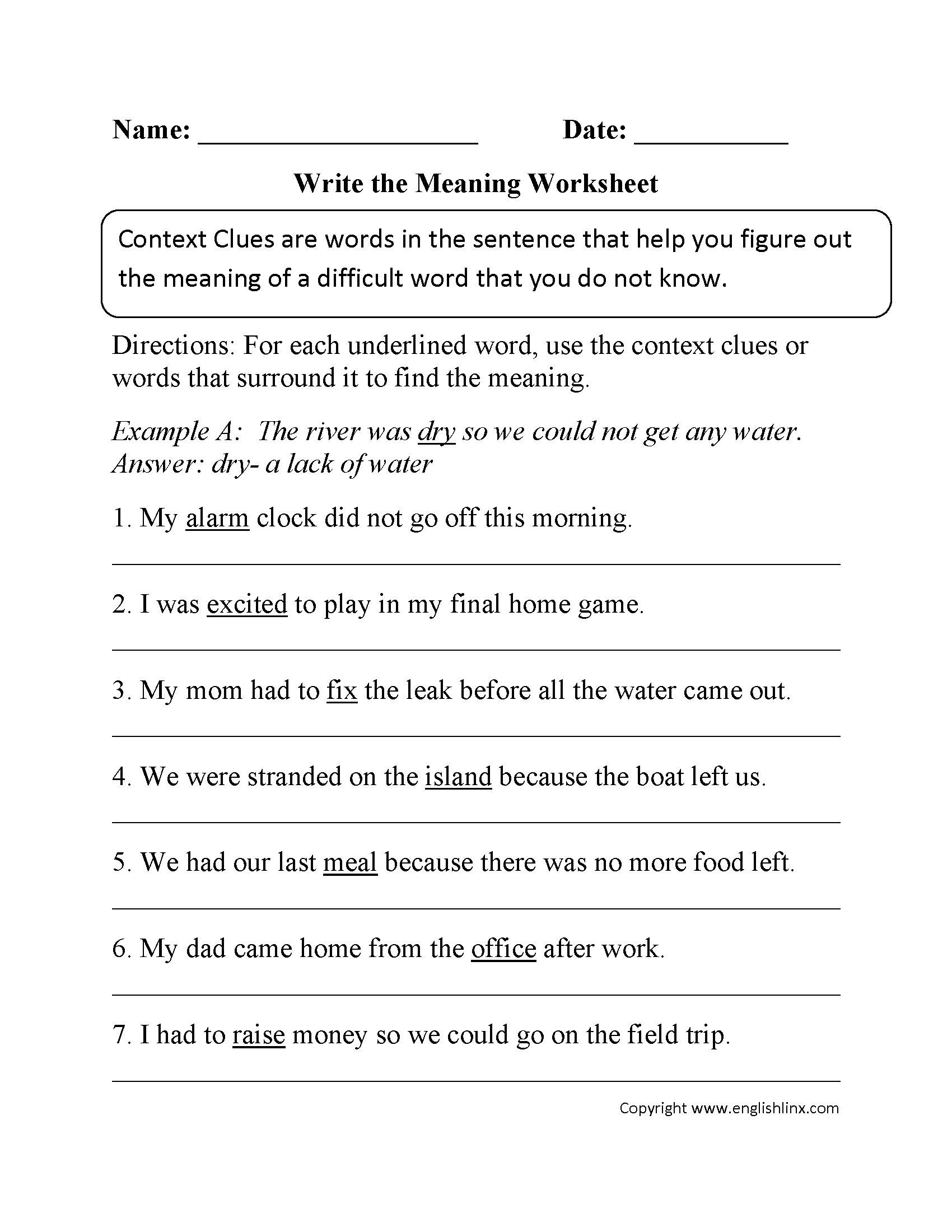 Write the Meaning Context Clues Worksheet