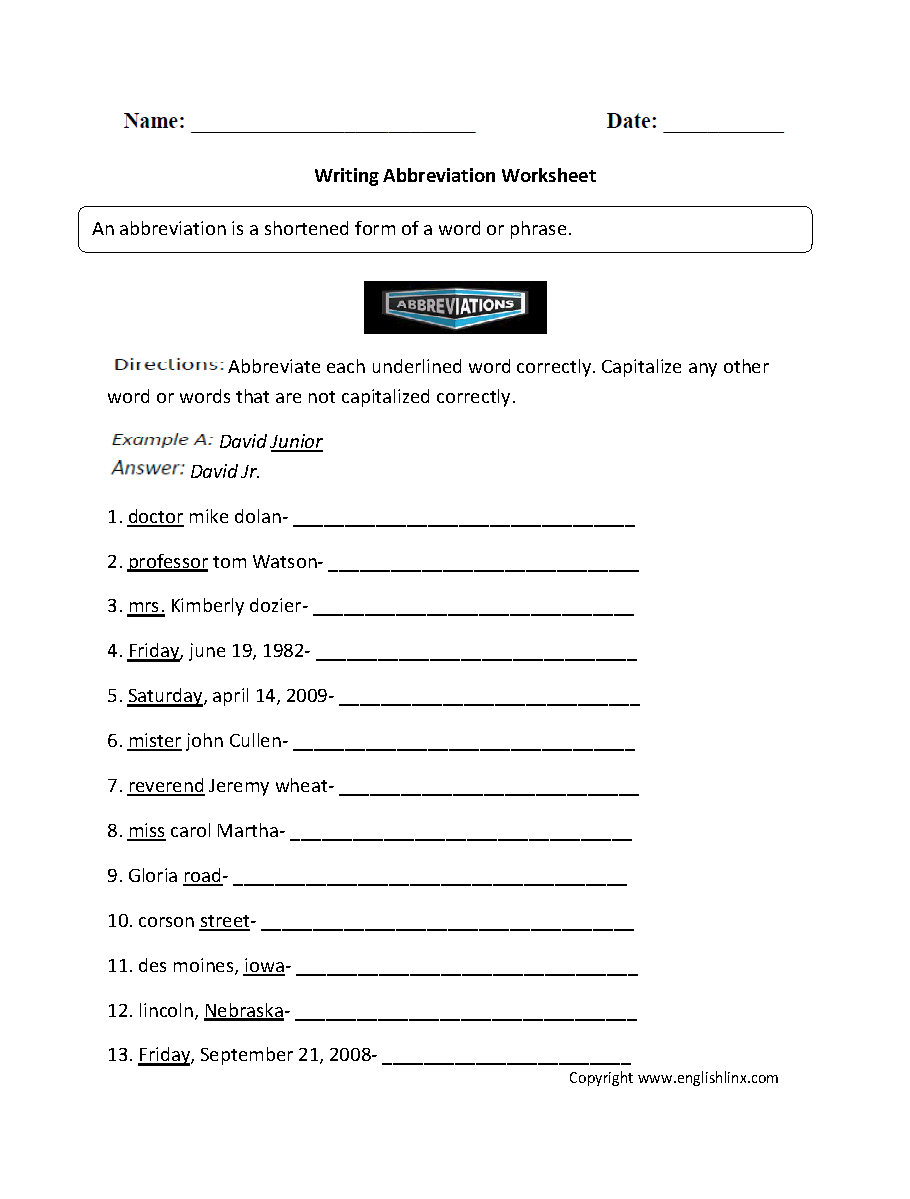 Writing Abbreviation Worksheets