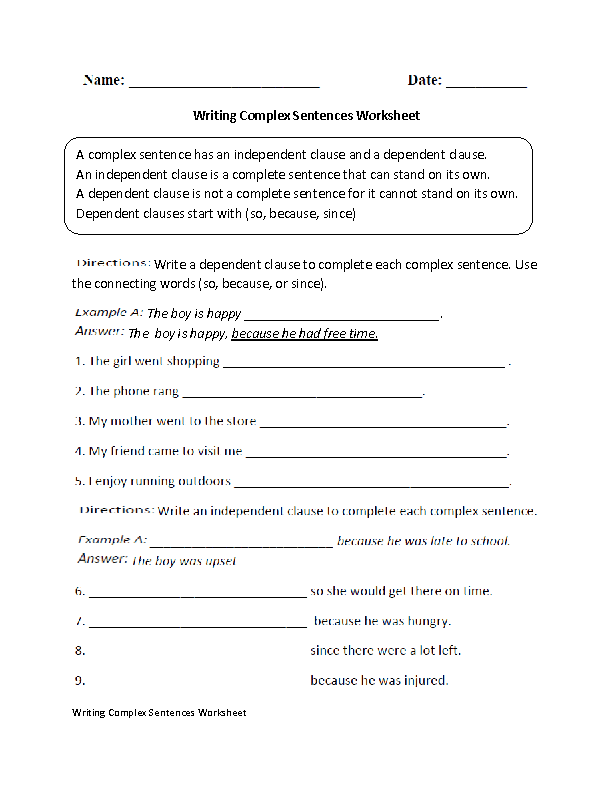 Middle School Complex Sentences Worksheet