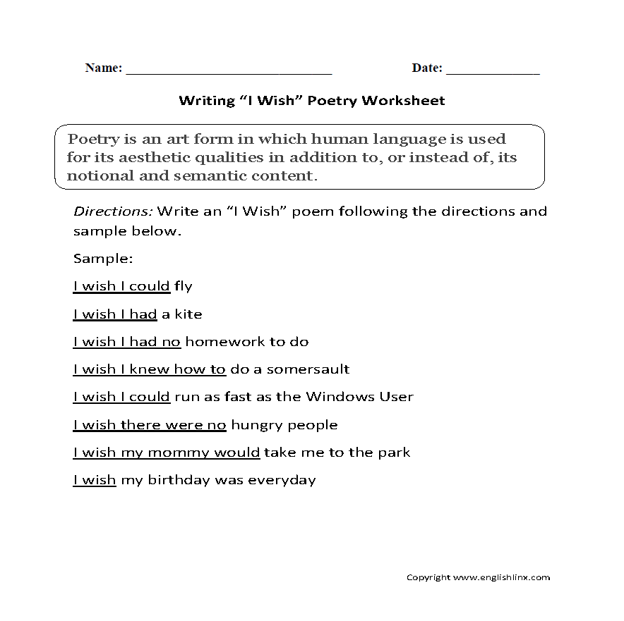 Writing Worksheets Poetry Writing Worksheets