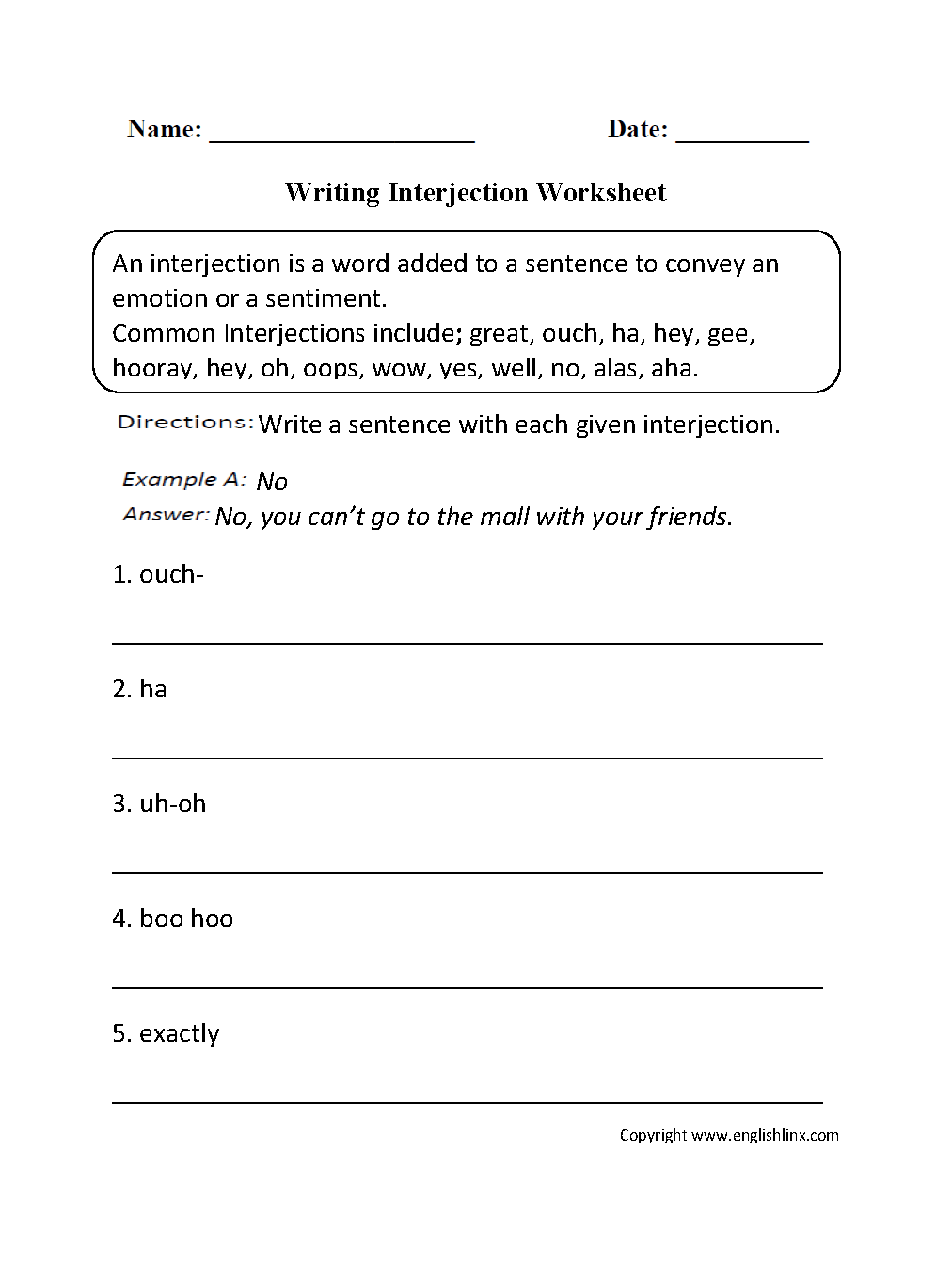 English Interjections Worksheet