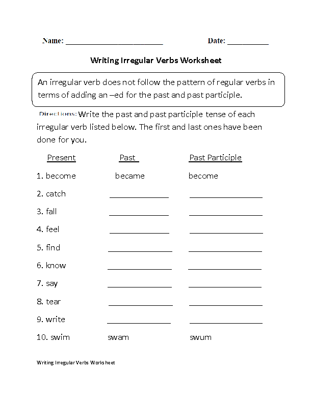 Writing with Irregular Verbs Worksheet