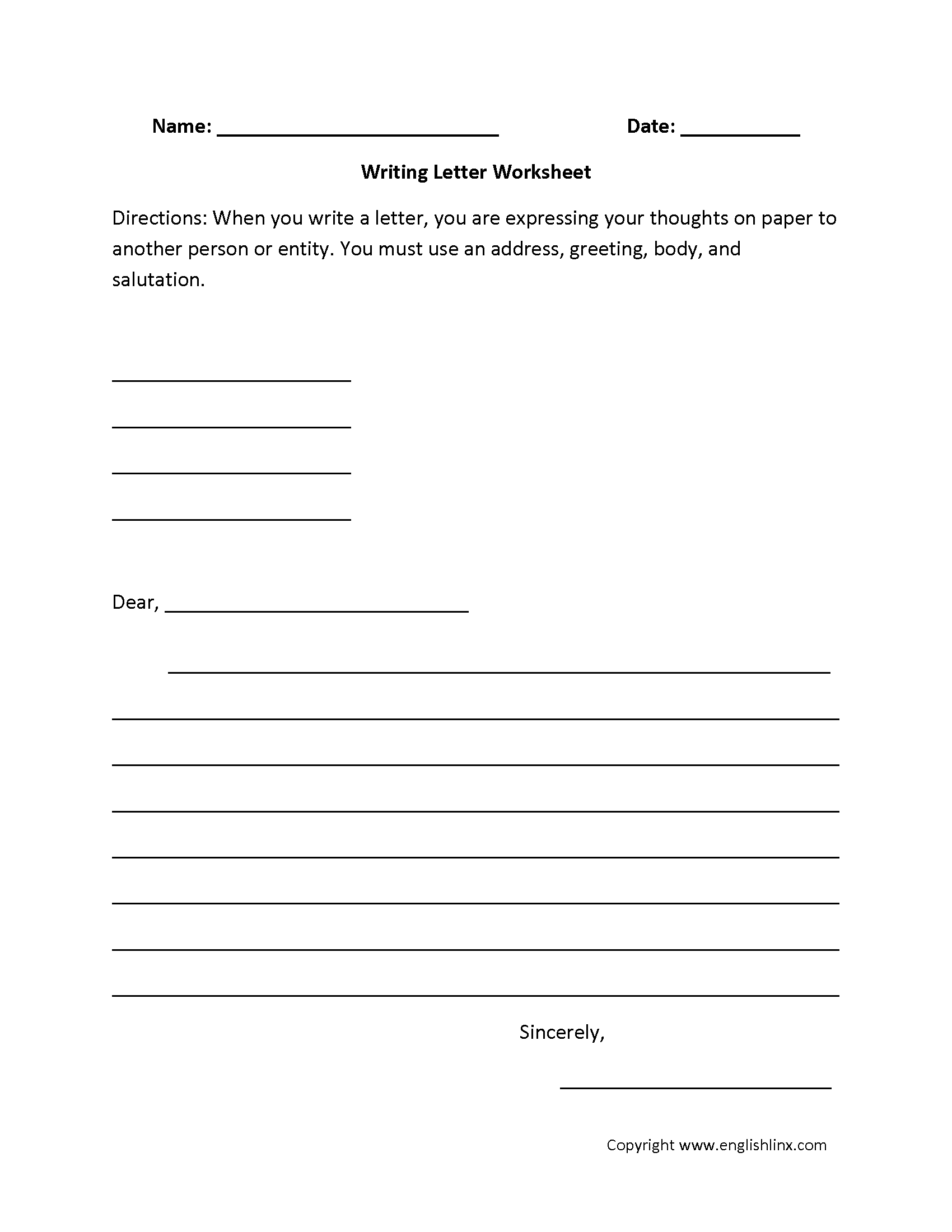Writing Letter Writing Worksheets