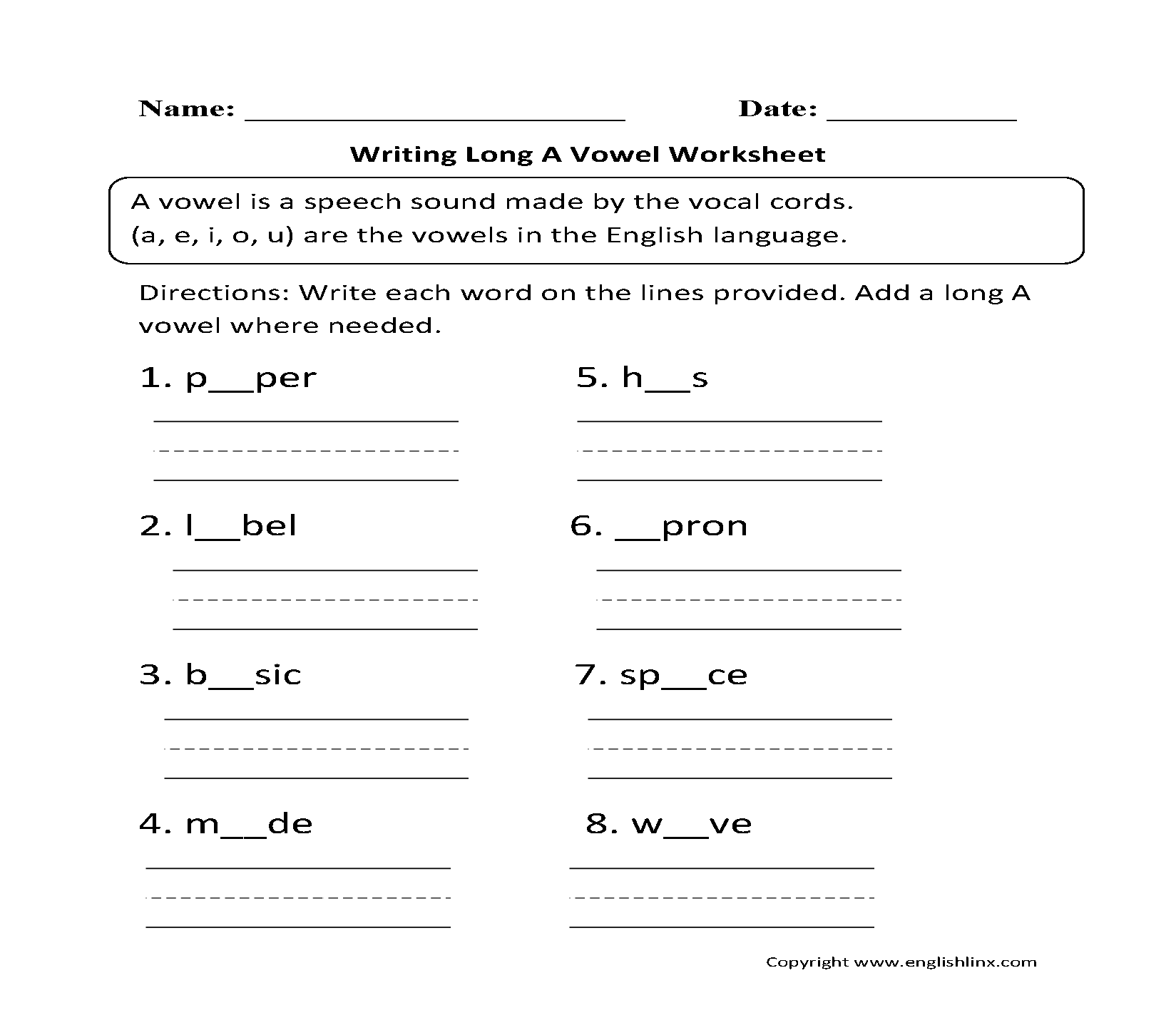 Writing Long A Vowel Worksheets