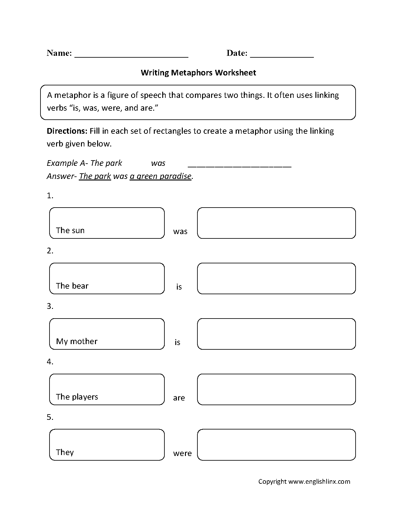 Simile homework worksheets