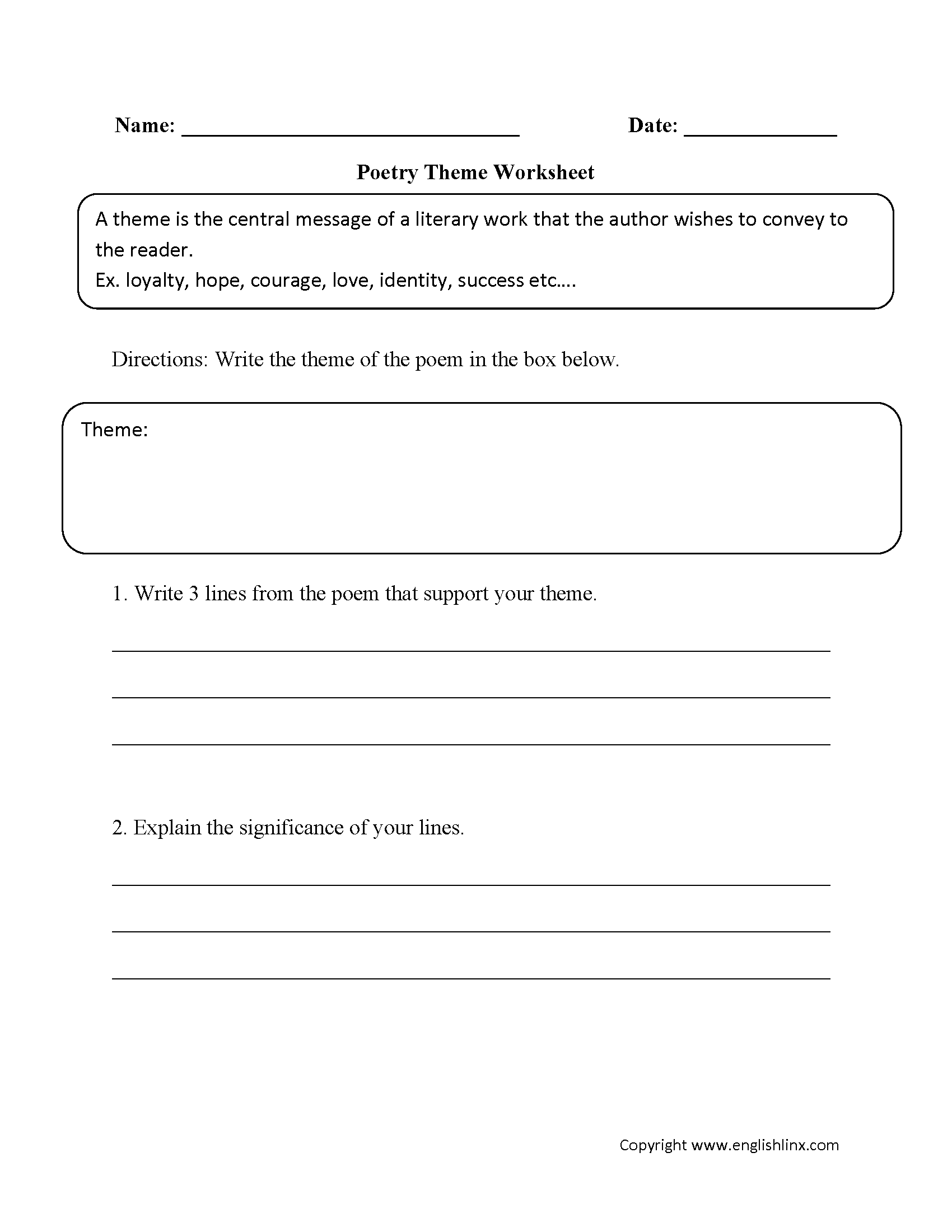 Writing Poetry Theme Worksheets