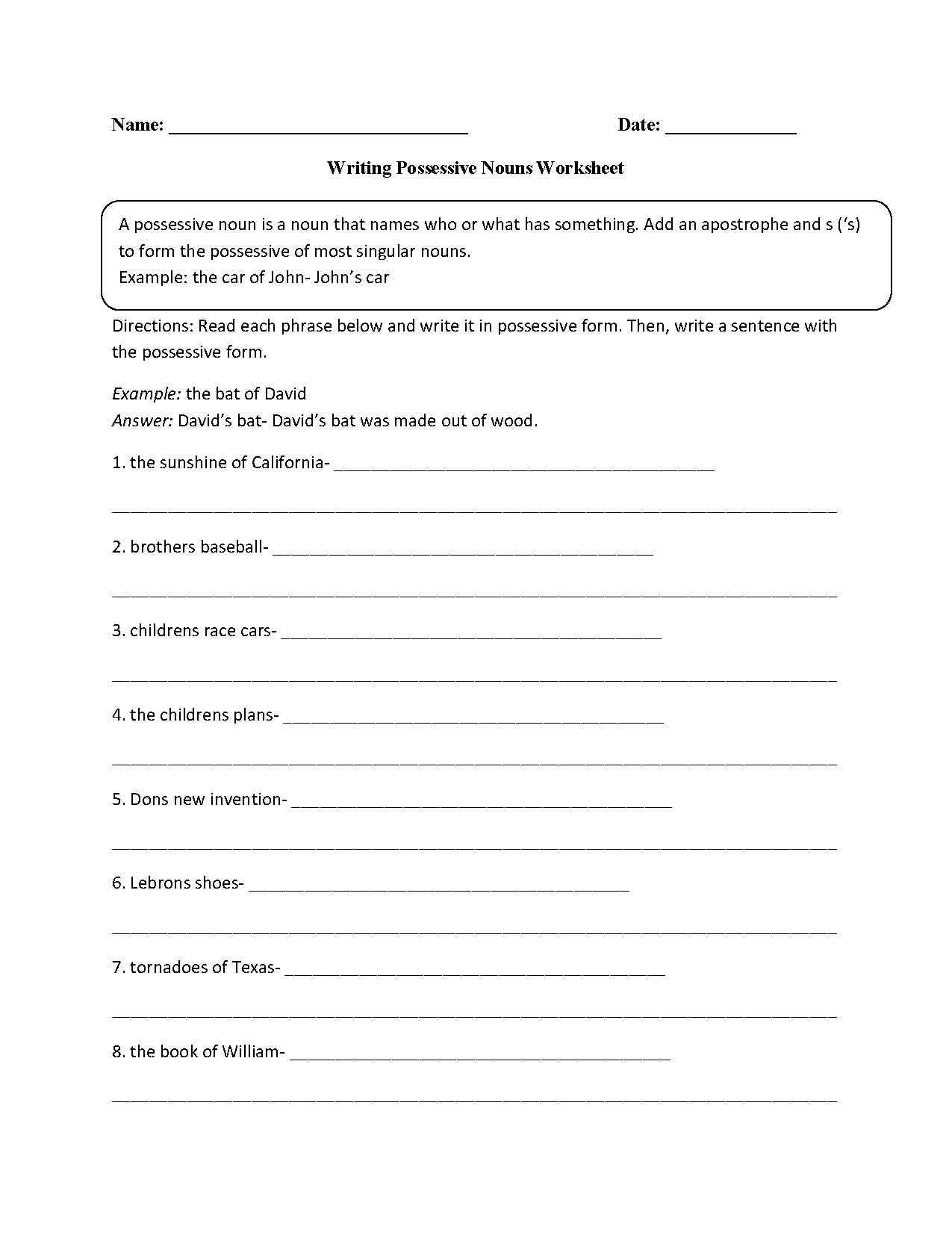 Writing with Possessive Nouns Worksheet