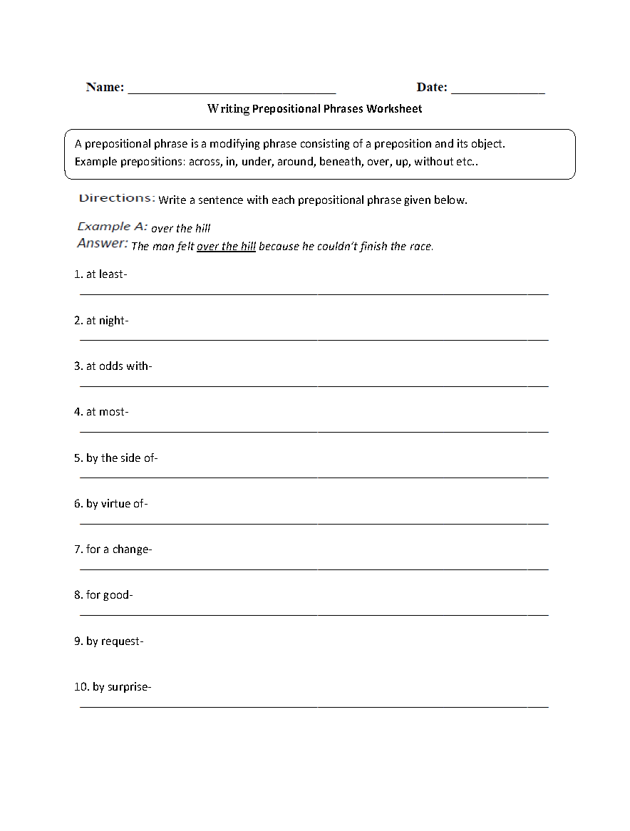 Prepositional Phrase Writing Worksheet