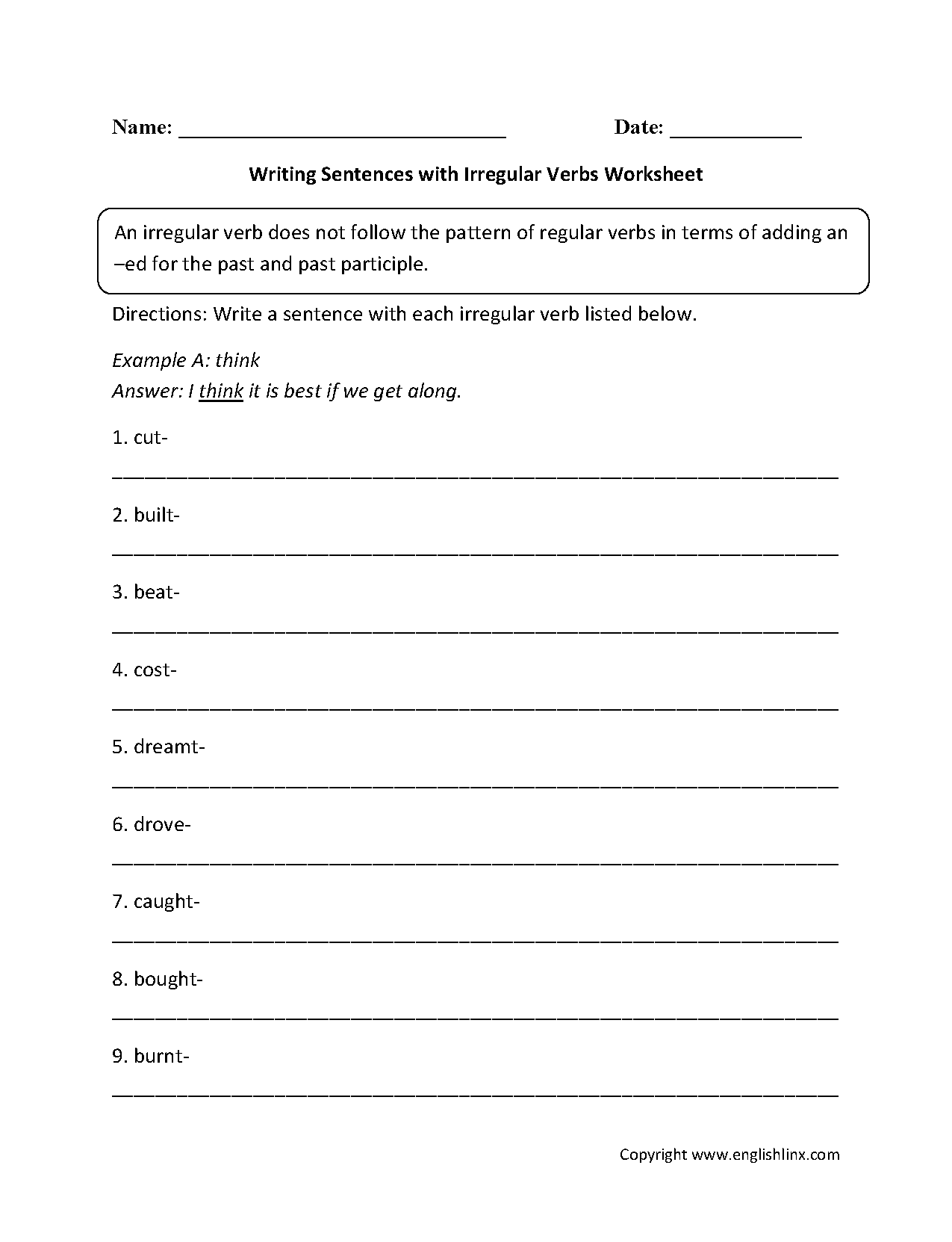 Writing Sentences with Irregular Verbs Worksheets