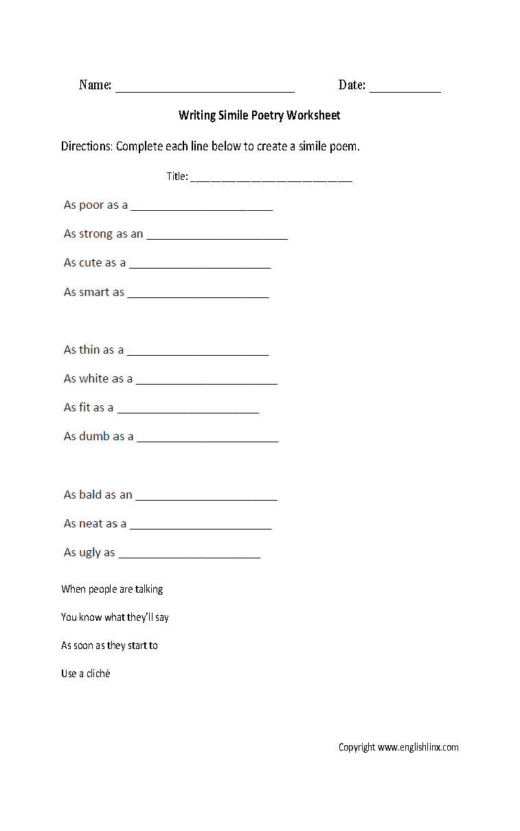 Writing Simile Poetry Worksheets