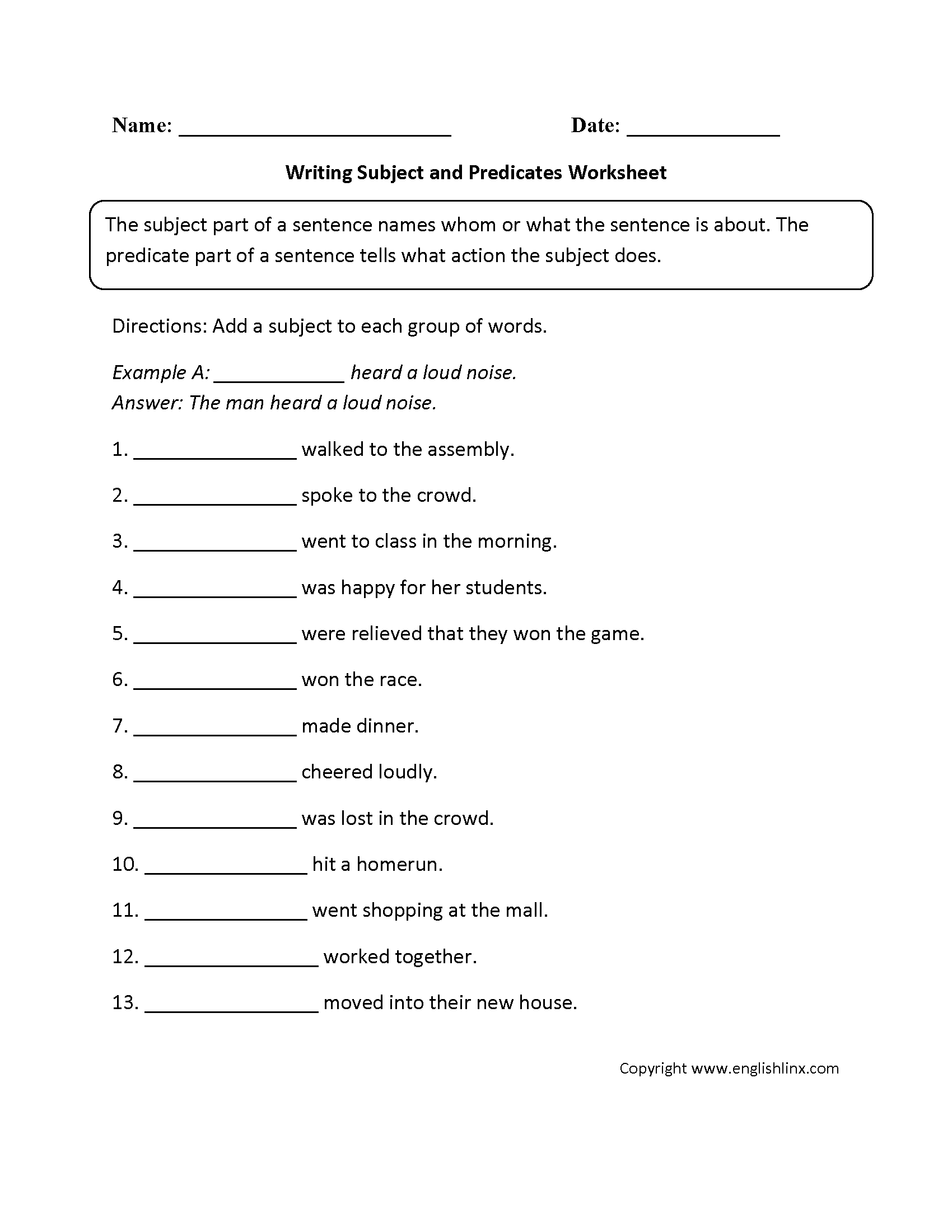 Writing Subjects and Predicates Worksheet