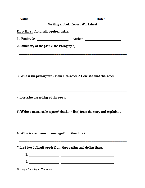 Writing a Book Report Worksheet