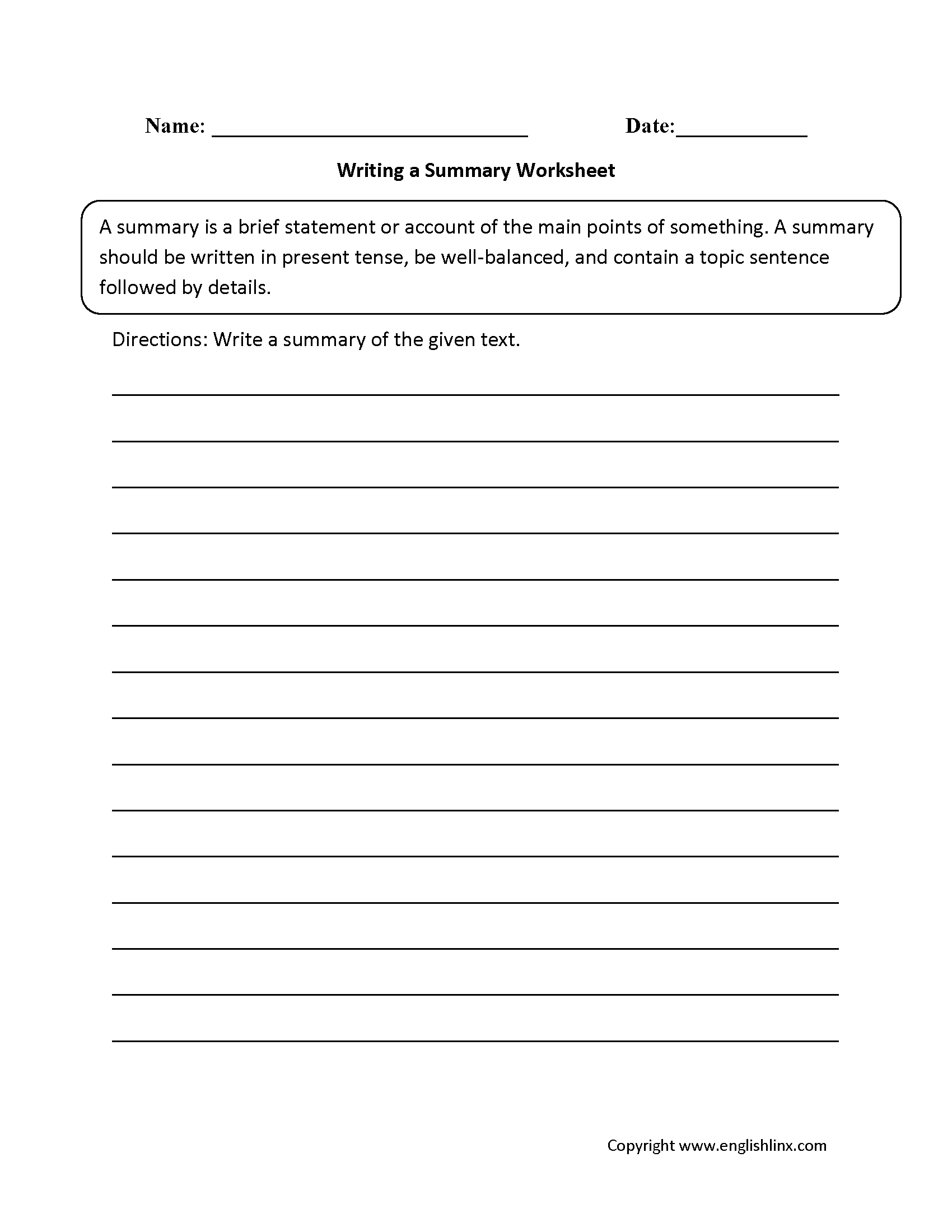 Worksheets on writing a summary
