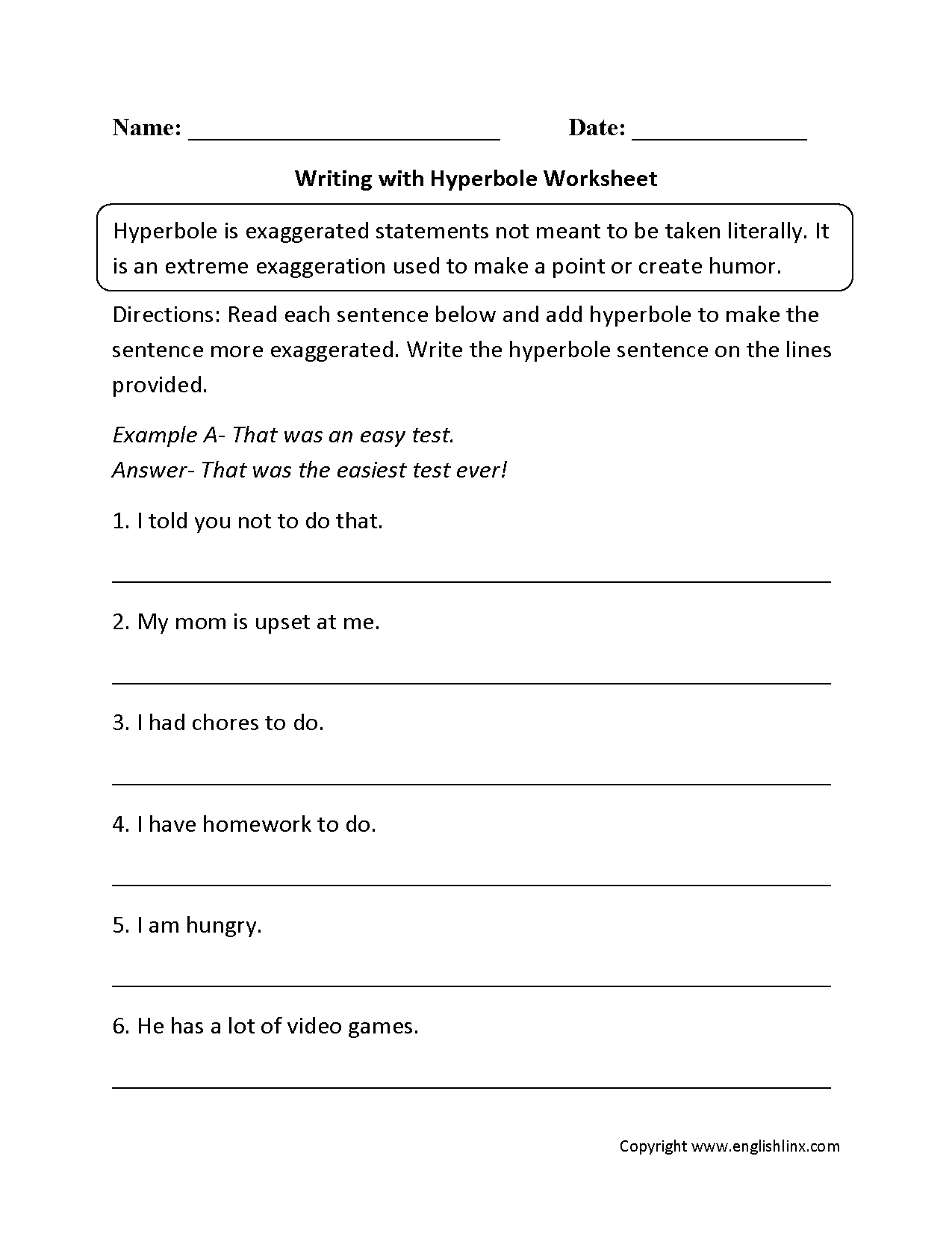 Writing with Hyperbole Worksheet