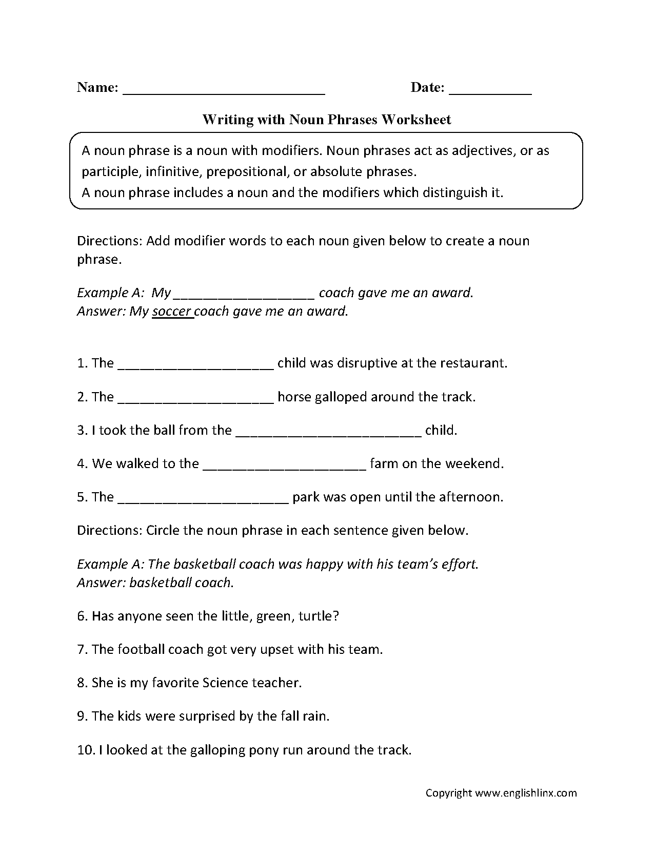 Writing with Noun Phrases Worksheets