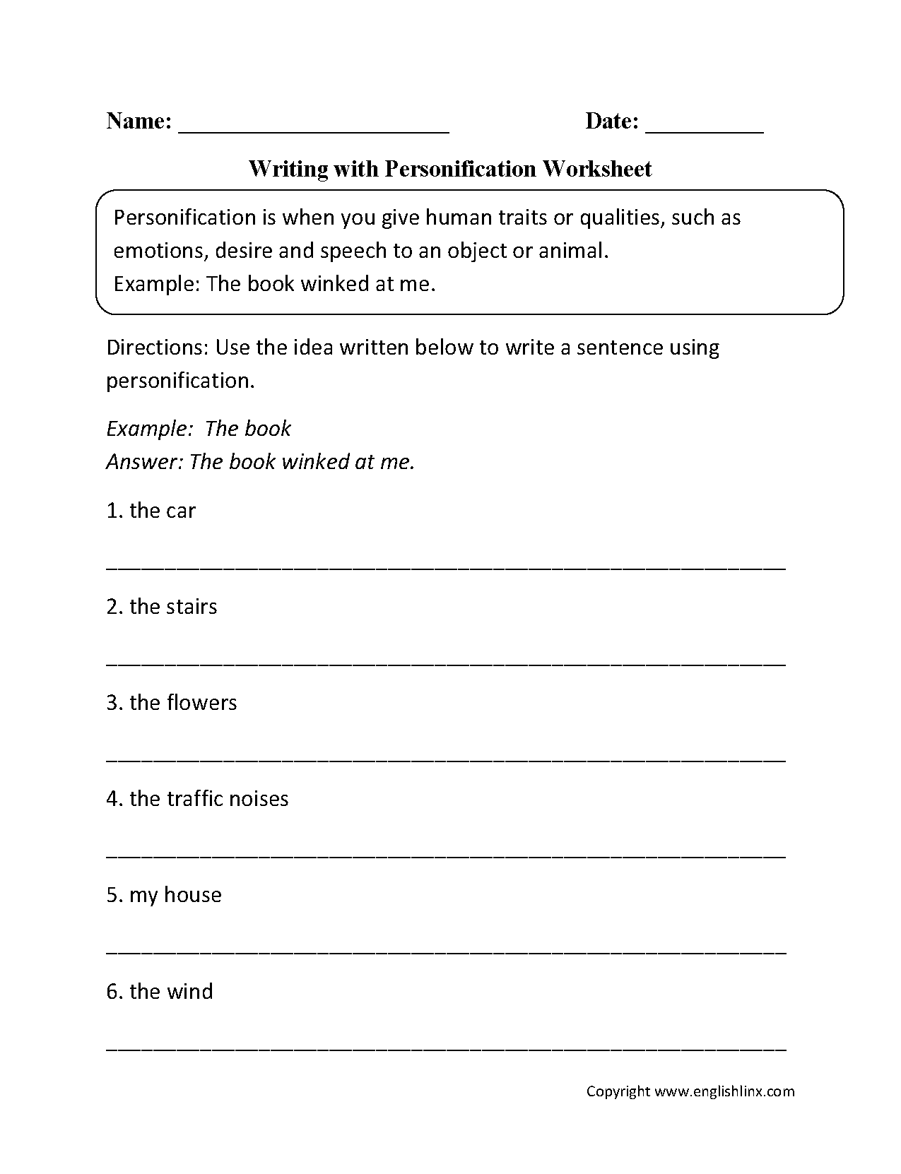 Figurative Language Worksheets Personification Worksheets
