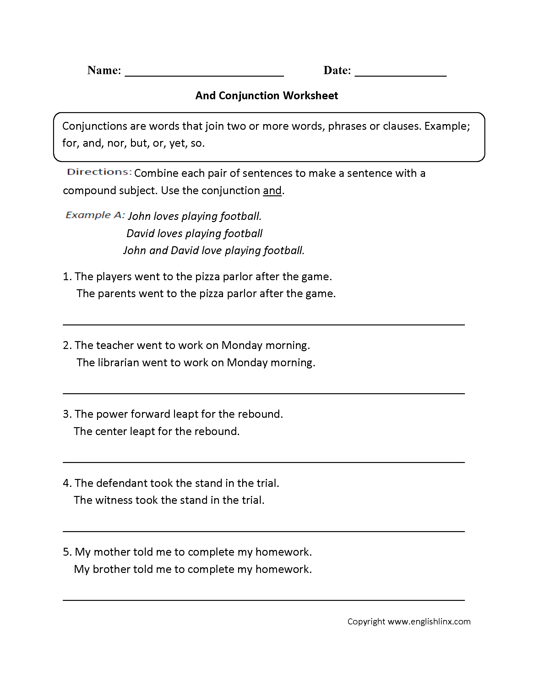 Conjunction Worksheets