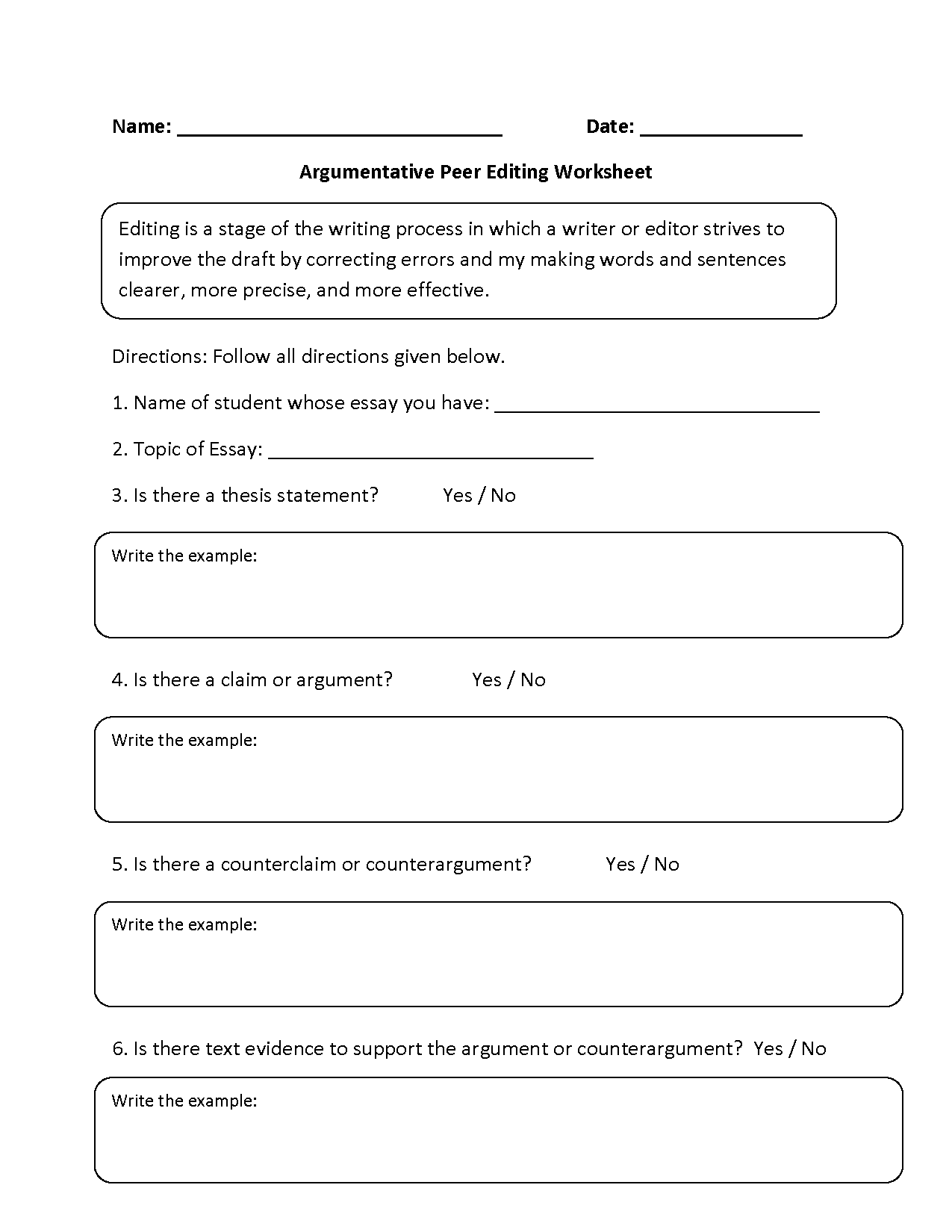 Argumentative Peer Editing Worksheets