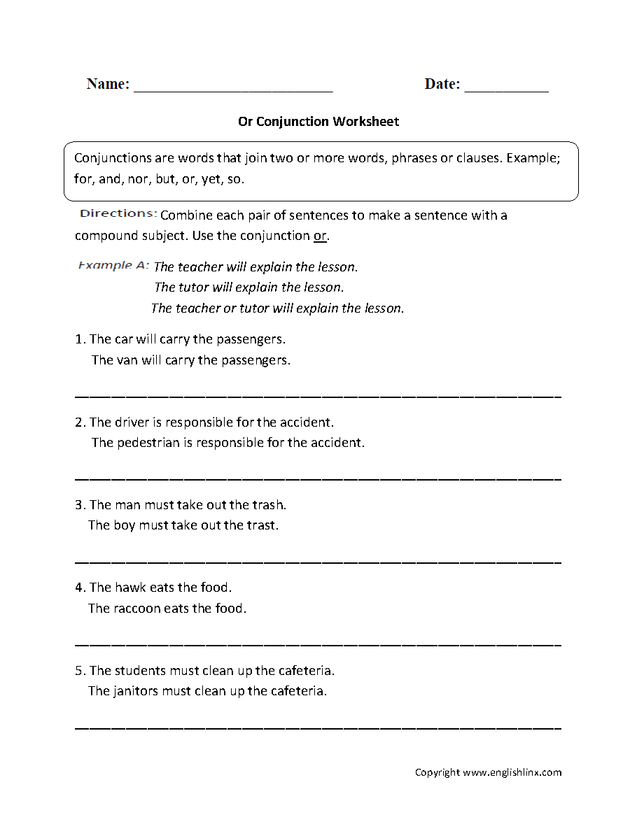 Parts Speech Worksheets Conjunction Worksheets