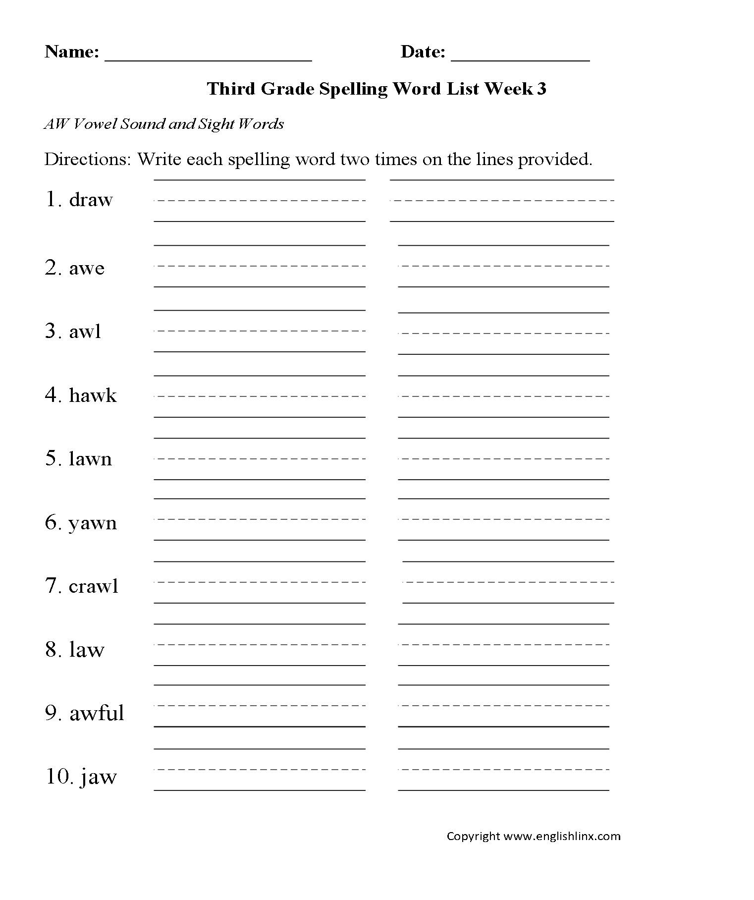 Week 3 AW Vowel Third Grade Spelling Worksheets